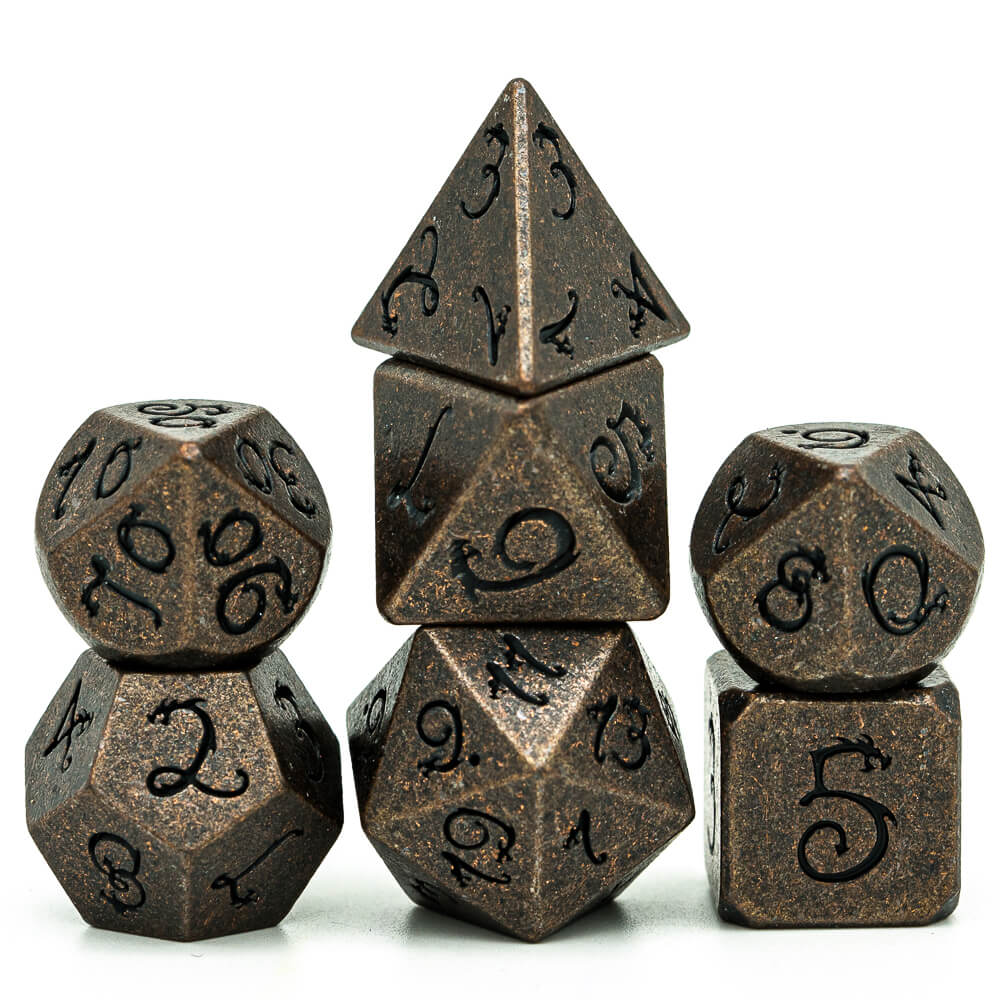 Dragon Font 7 Polyhedral Metal Dice Set DnD Red Copper - Dice of Dragons