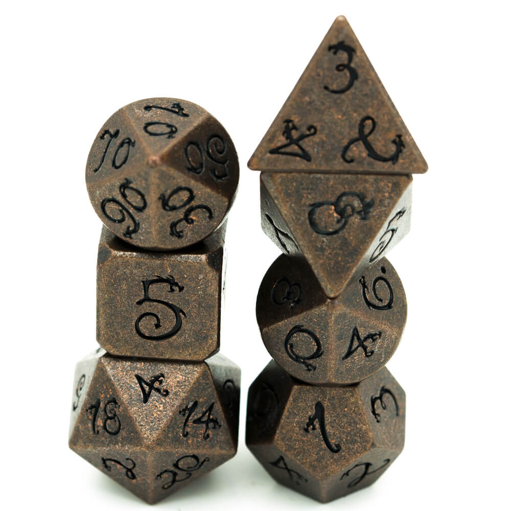 Dragon Font 7 Polyhedral Metal Dice Set DnD Red Copper - Dice of Dragons