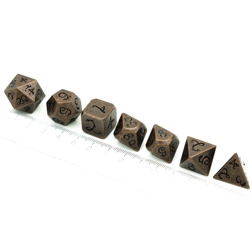 Dragon Font 7 Polyhedral Metal Dice Set DnD Red Copper - Dice of Dragons