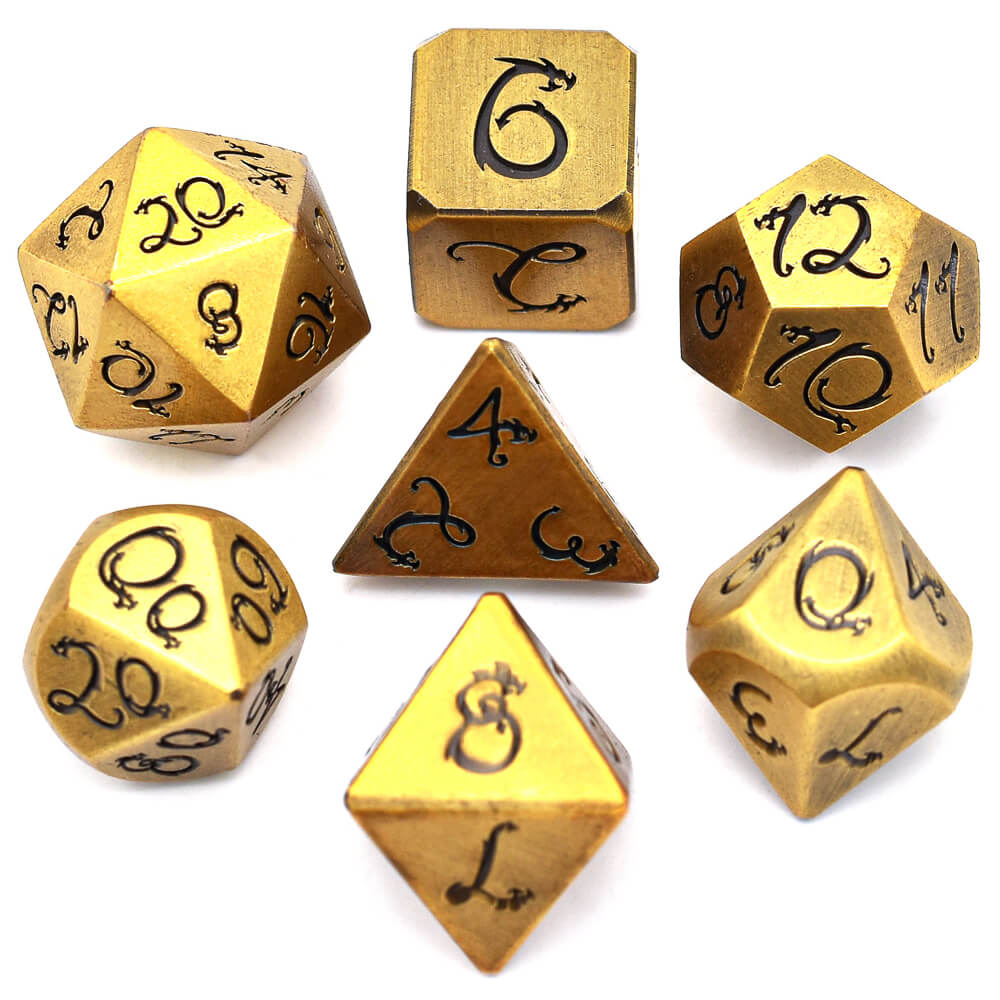 Dragon Font 7 Polyhedral Metal Dice Sets D&D Gold - Dice of Dragons