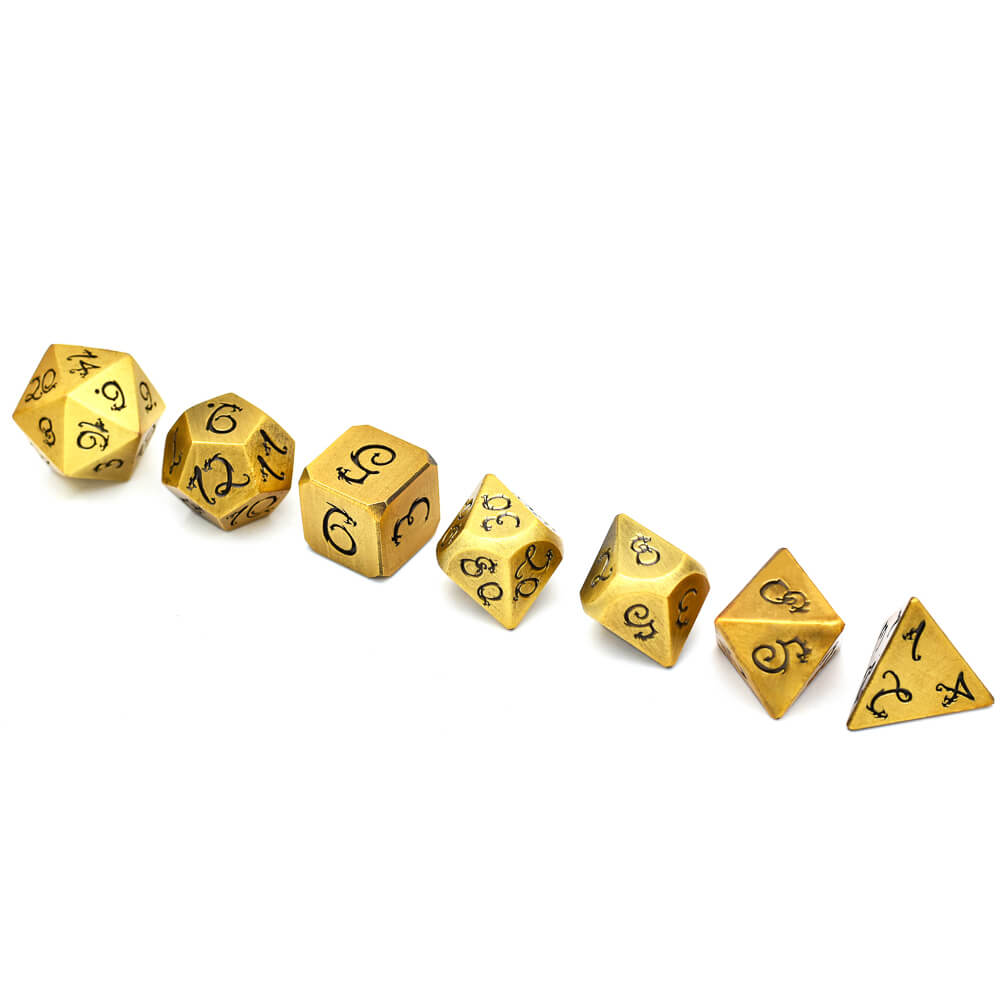 Dragon Font 7 Polyhedral Metal Dice Sets D&D Gold - Dice of Dragons