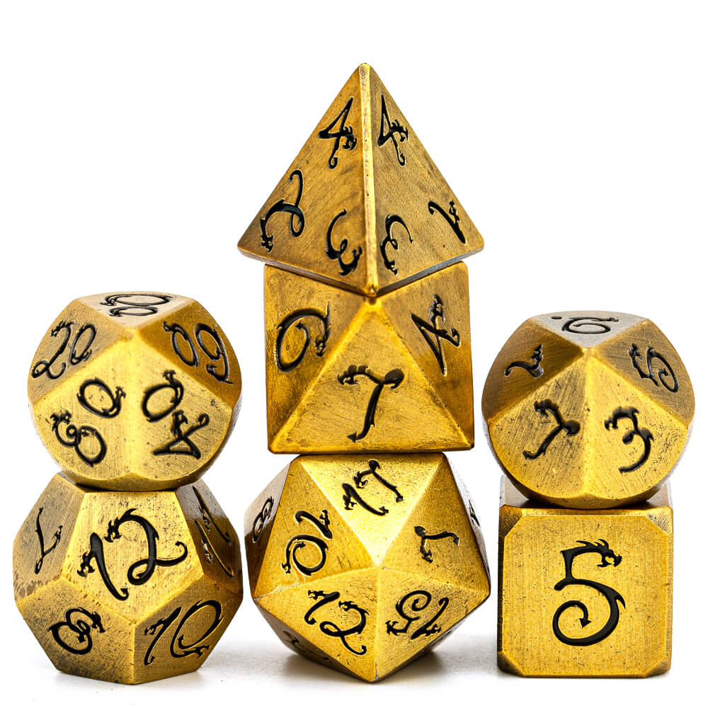 Dragon Font 7 Polyhedral Metal Dice Sets D&D Gold - Dice of Dragons