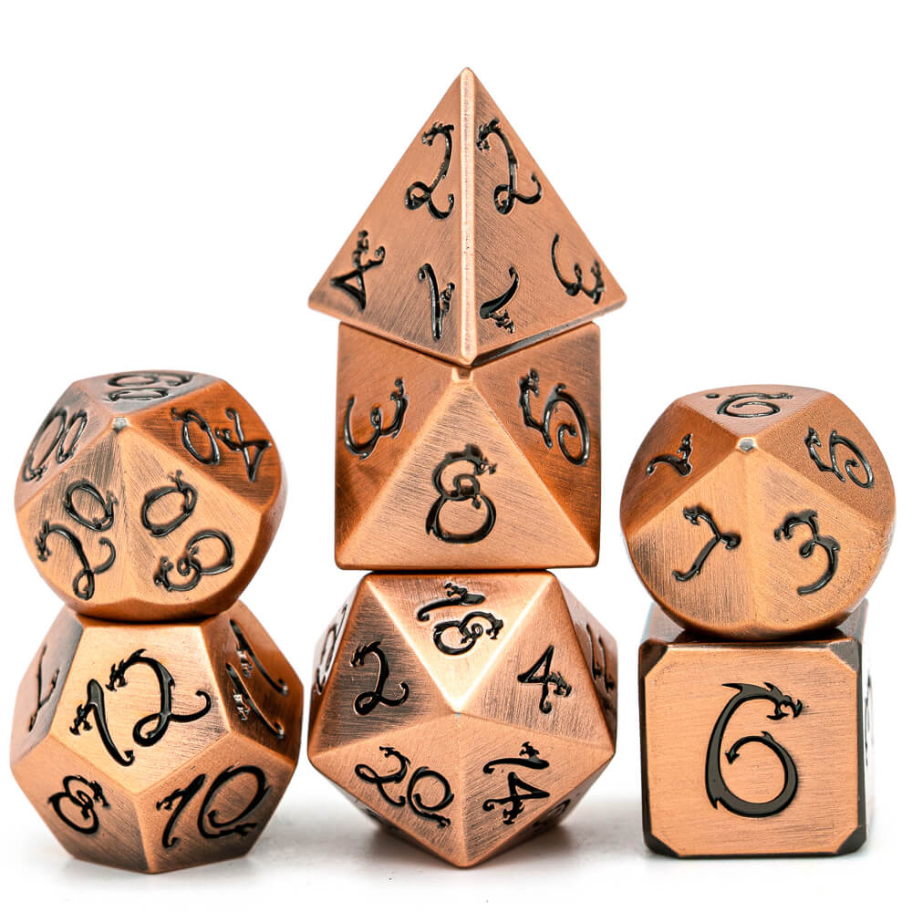 Dragon Font 7 Polyhedral Metal DnD Dice Sets Red Copper - Dice of Dragons