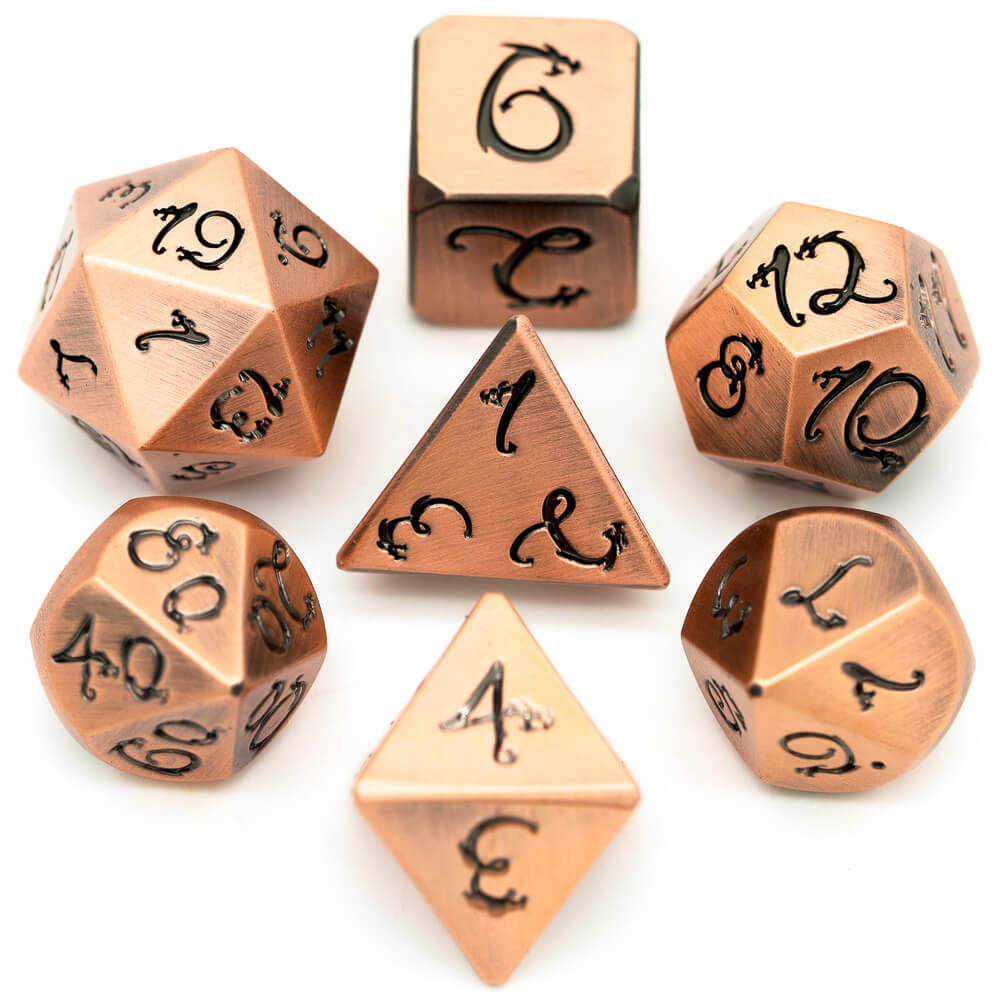 Dragon Font 7 Polyhedral Metal DnD Dice Sets Red Copper - Dice of Dragons