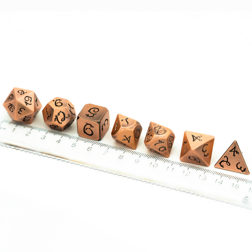 Dragon Font 7 Polyhedral Metal DnD Dice Sets Red Copper - Dice of Dragons