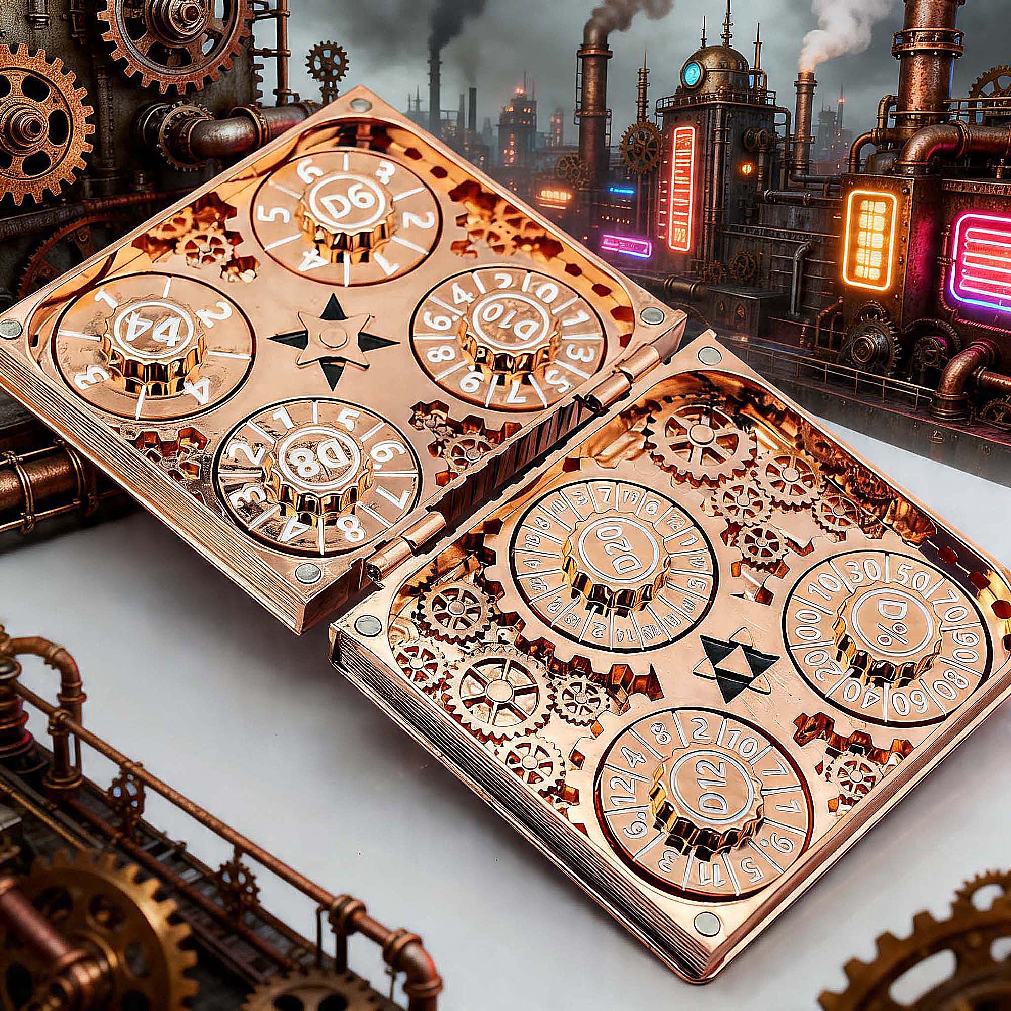 Dragon Machine Gear 7 in 1 Rotating Roulette DND Metal Dice Magic Book Grimoire