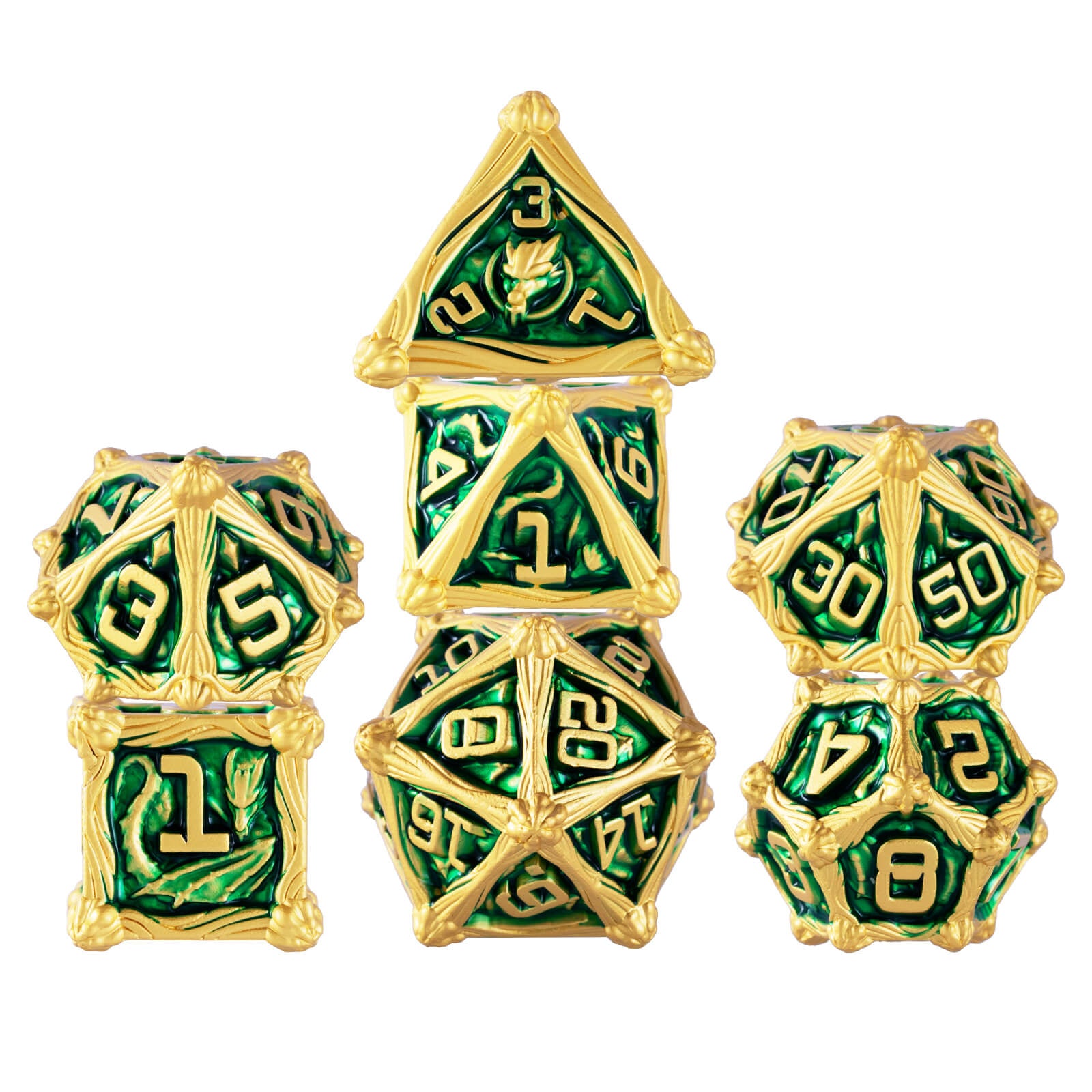 Dragon Rider Awesome Polyhedral Metal Dice Set DD - Gold Green - Dice of Dragons