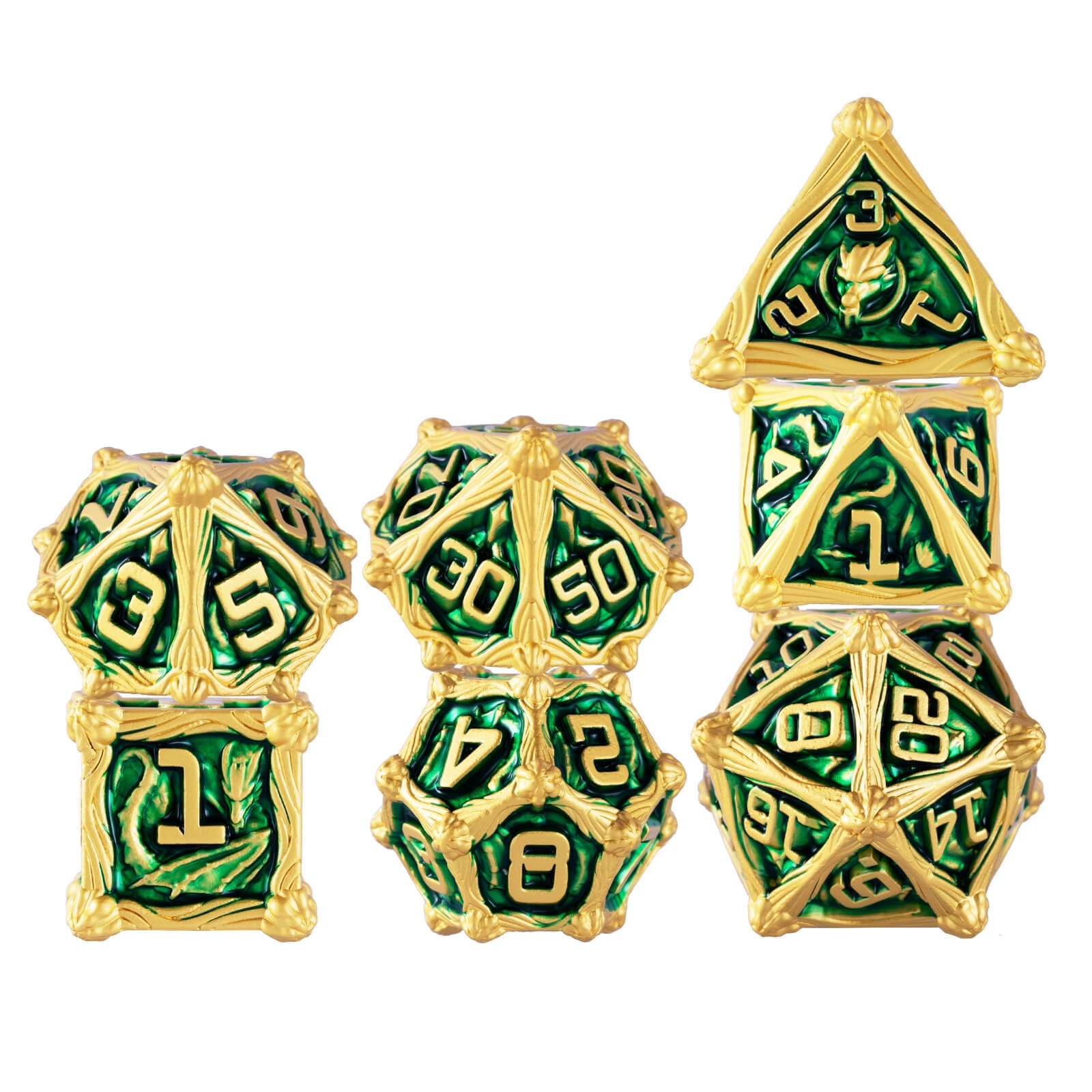 Dragon Rider Awesome Polyhedral Metal Dice Set DD - Gold Green - Dice of Dragons