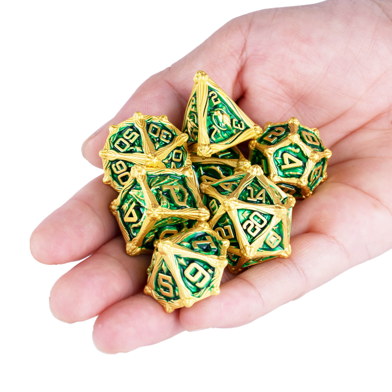 Dragon Rider Awesome Polyhedral Metal Dice Set DD - Gold Green - Dice of Dragons