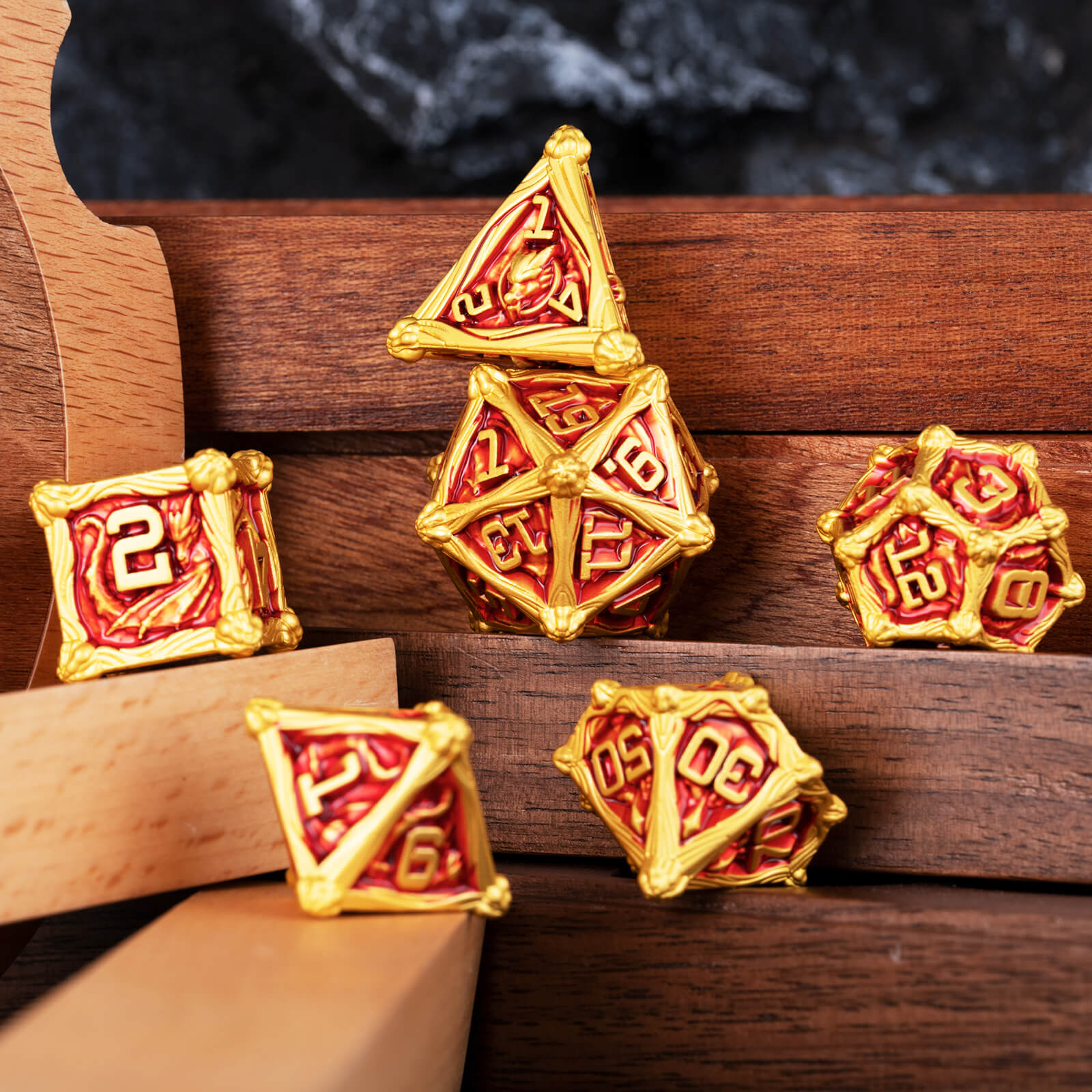 Dragon Rider Gaming Polyhedral Metal DD Dice Set - Gold Red - Dice of Dragons