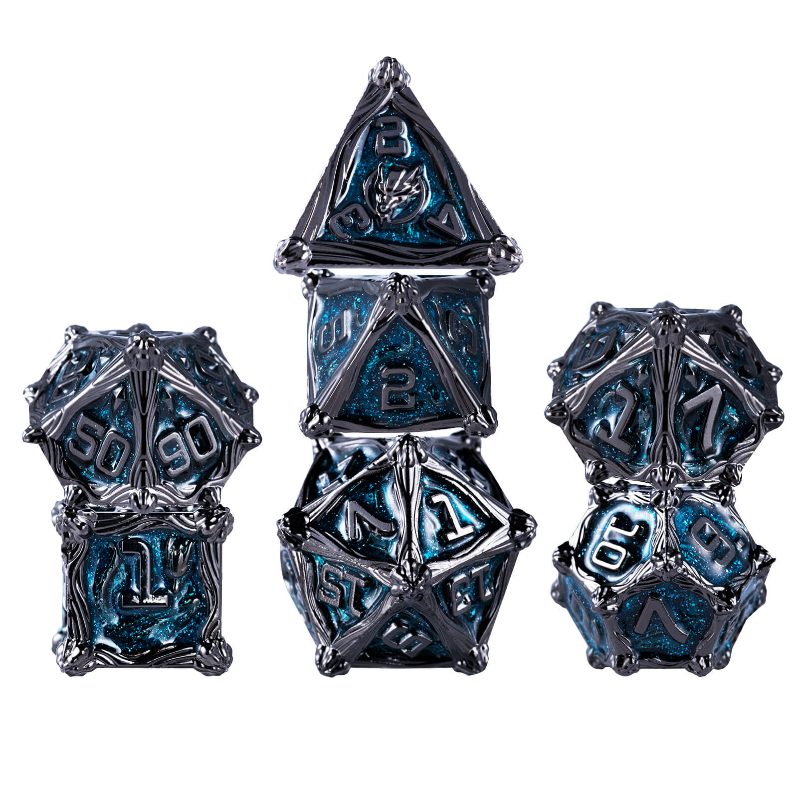 Dragon Rider Unusual Polyhedral Metal D&D Dice Set - Black Blue - Dice of Dragons