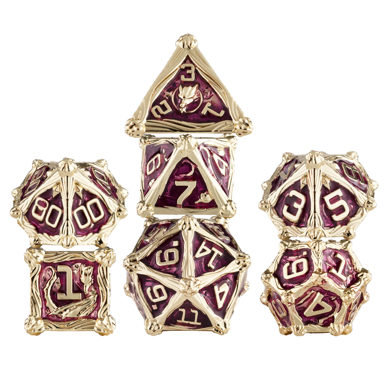 Dragon Rider Weighted Polyhedral Metal Dice Set DnD - Light Gold Rose Red - Dice of Dragons