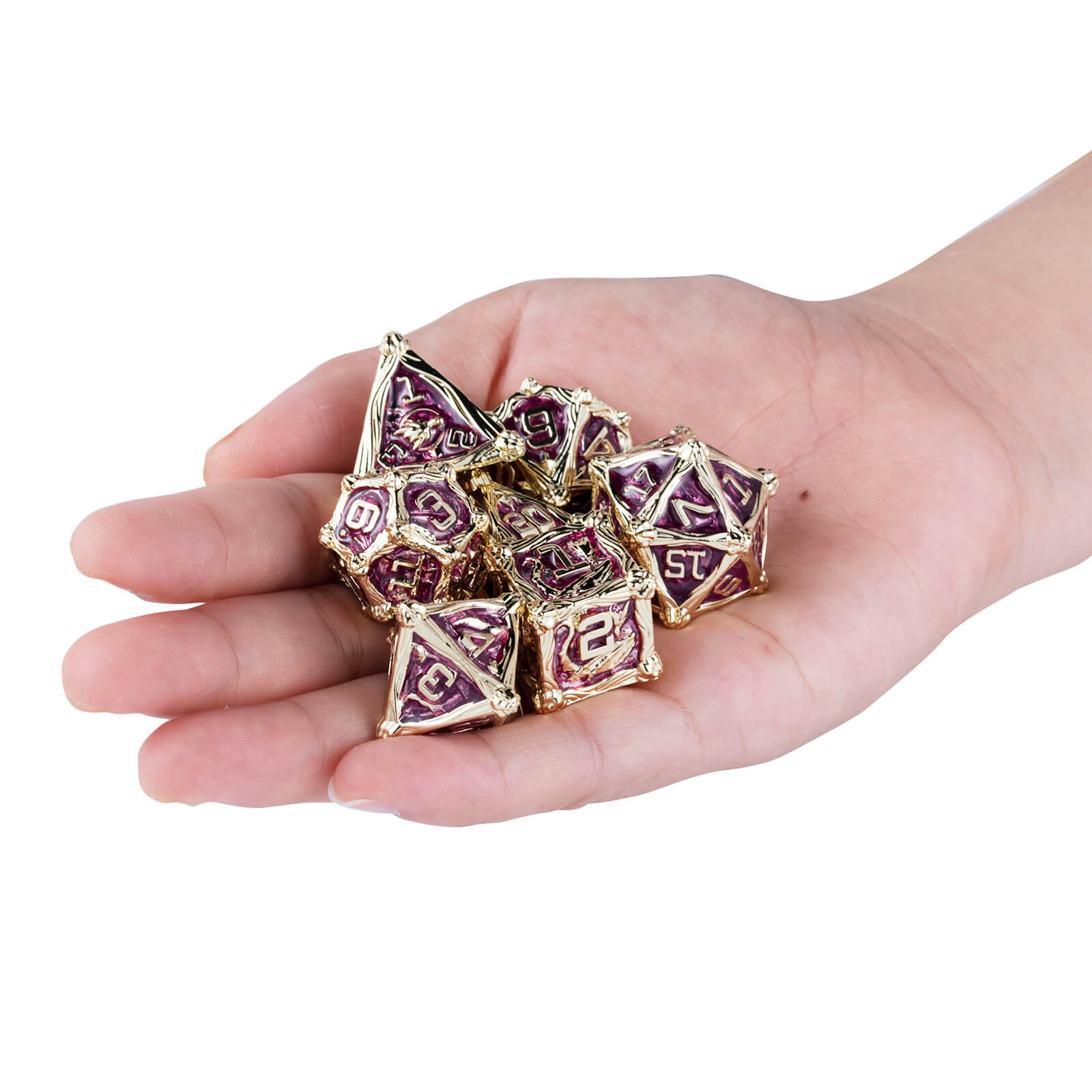 Dragon Rider Weighted Polyhedral Metal Dice Set DnD - Light Gold Rose Red - Dice of Dragons