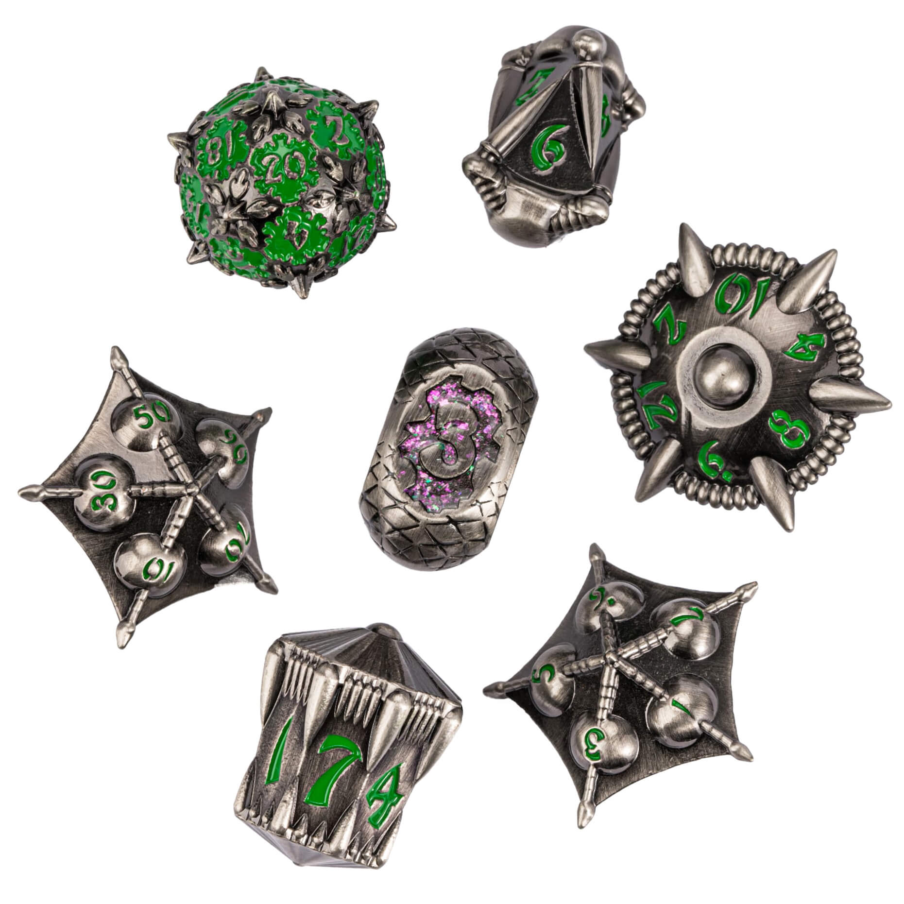 Dragon Set 7 Metal Polyhedral Set Dice DD Nickel Green - Dice of Dragons