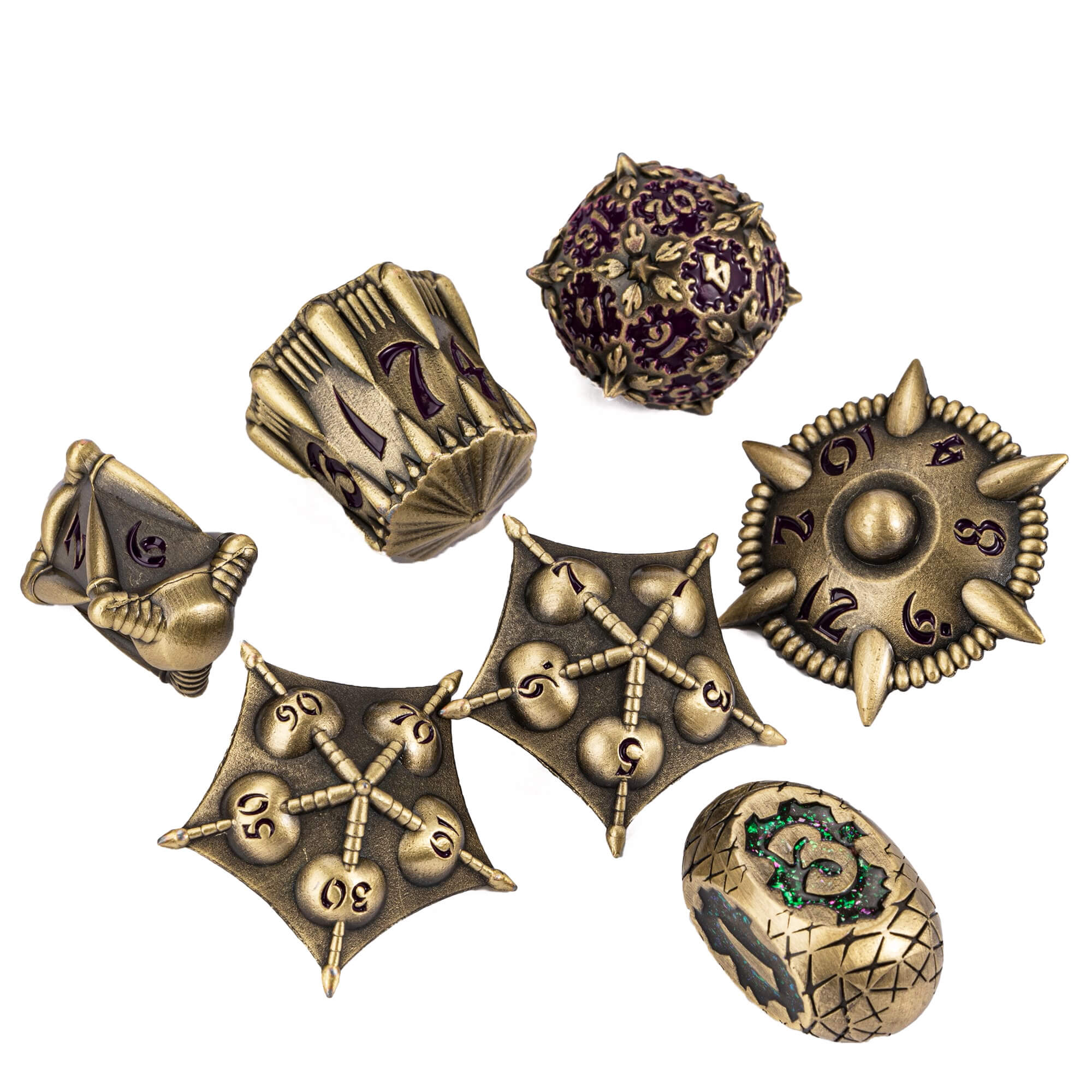 Dragon Set 7 Metal Polyhedral Set of Dice DD Green Purple - Dice of Dragons