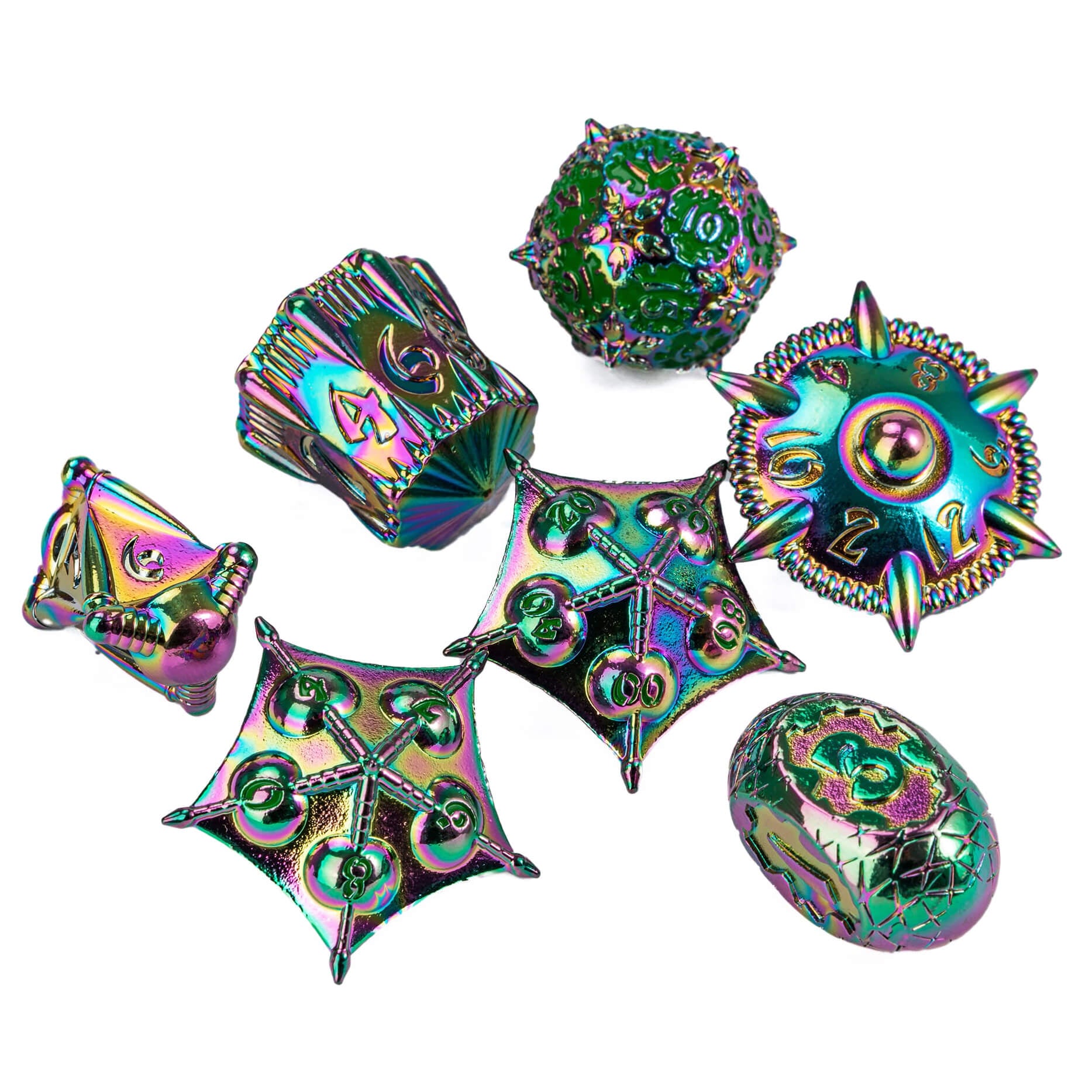 Dragon Set 7 Metal Polyhedral Set of Dice DnD Colorful Green - Dice of Dragons