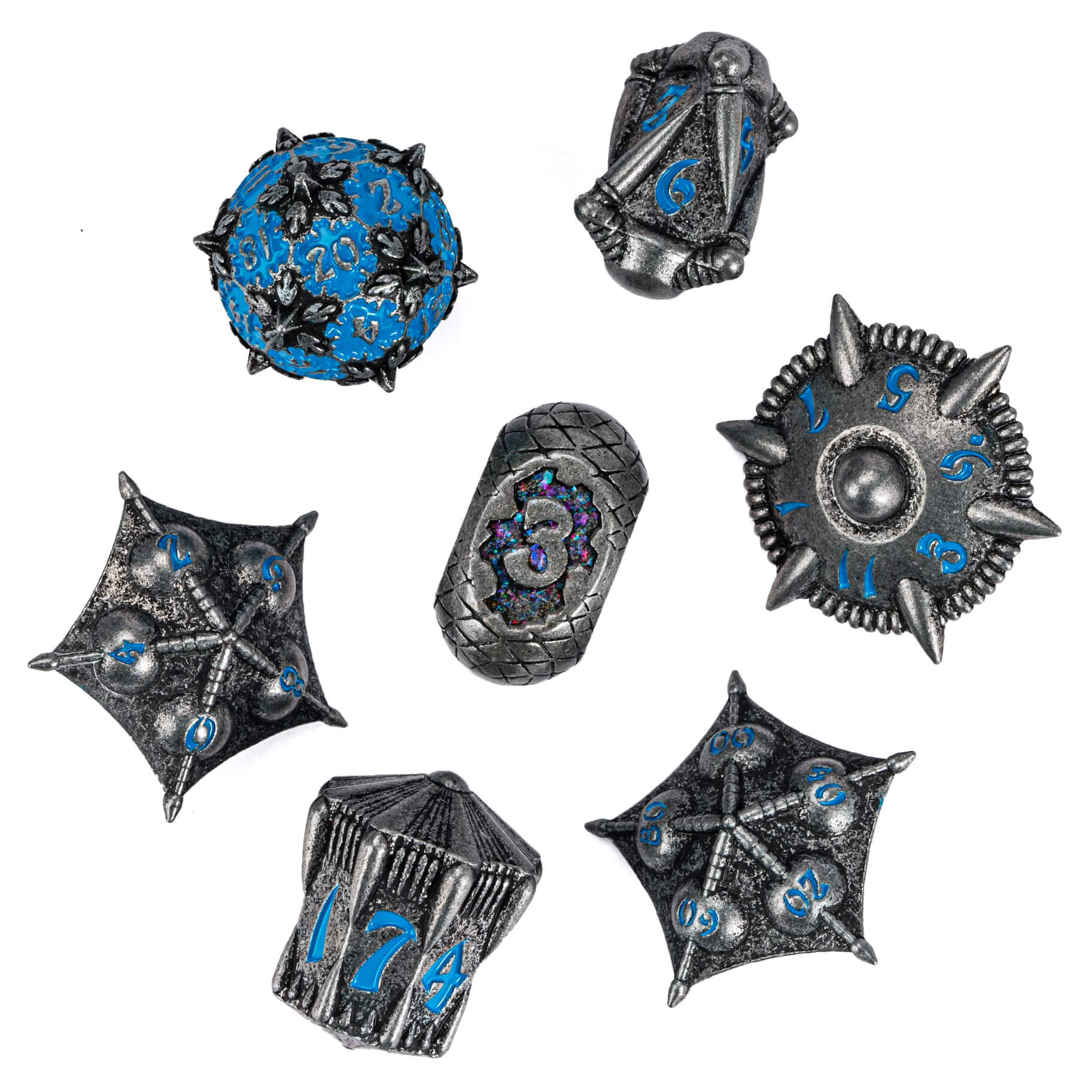 Dragon Set 7 Metal Polyhedral Sets Dice D&D Black Blue - Dice of Dragons