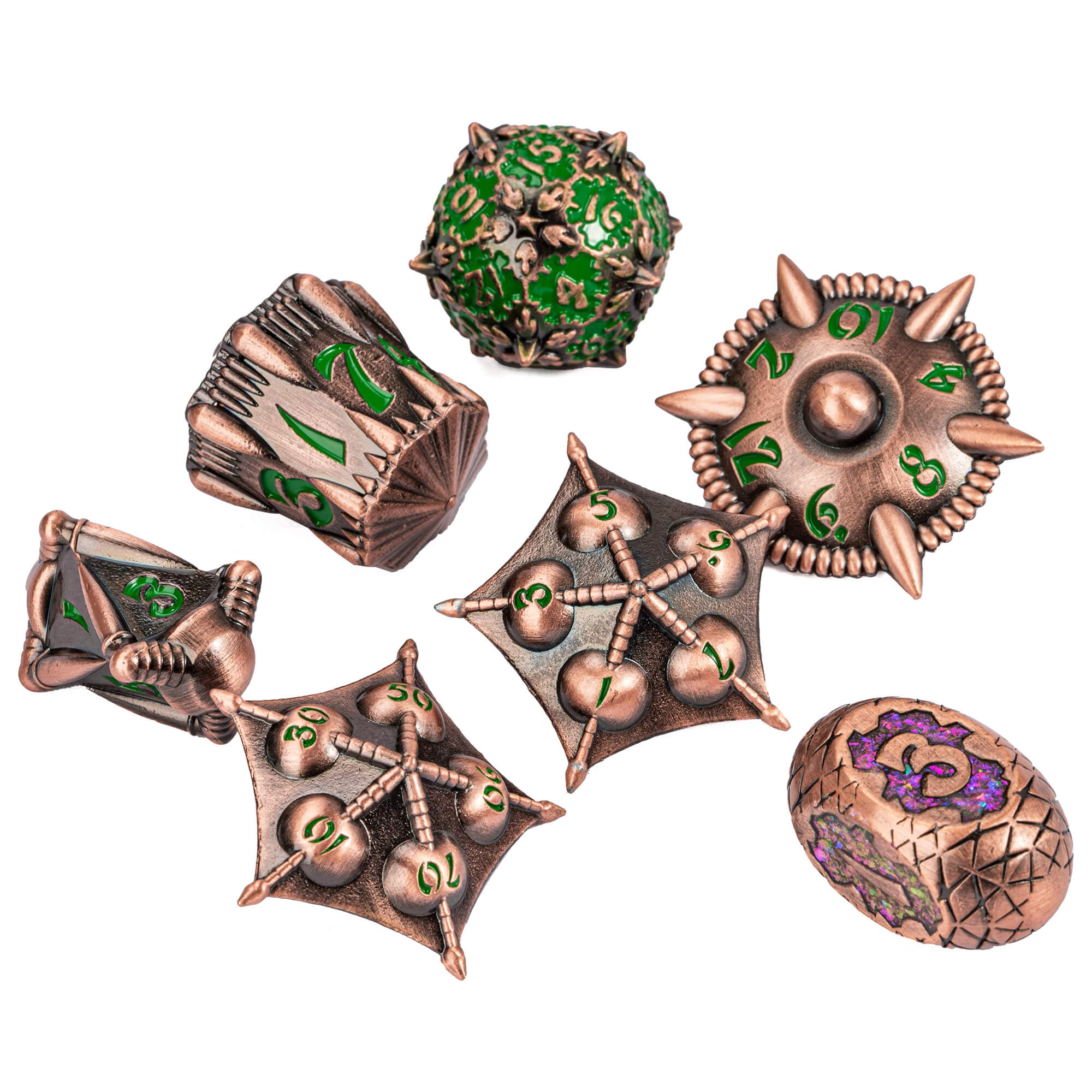 Dragon Set 7 Metal Polyhedral Sets Dice DnD Copper Green - Dice of Dragons