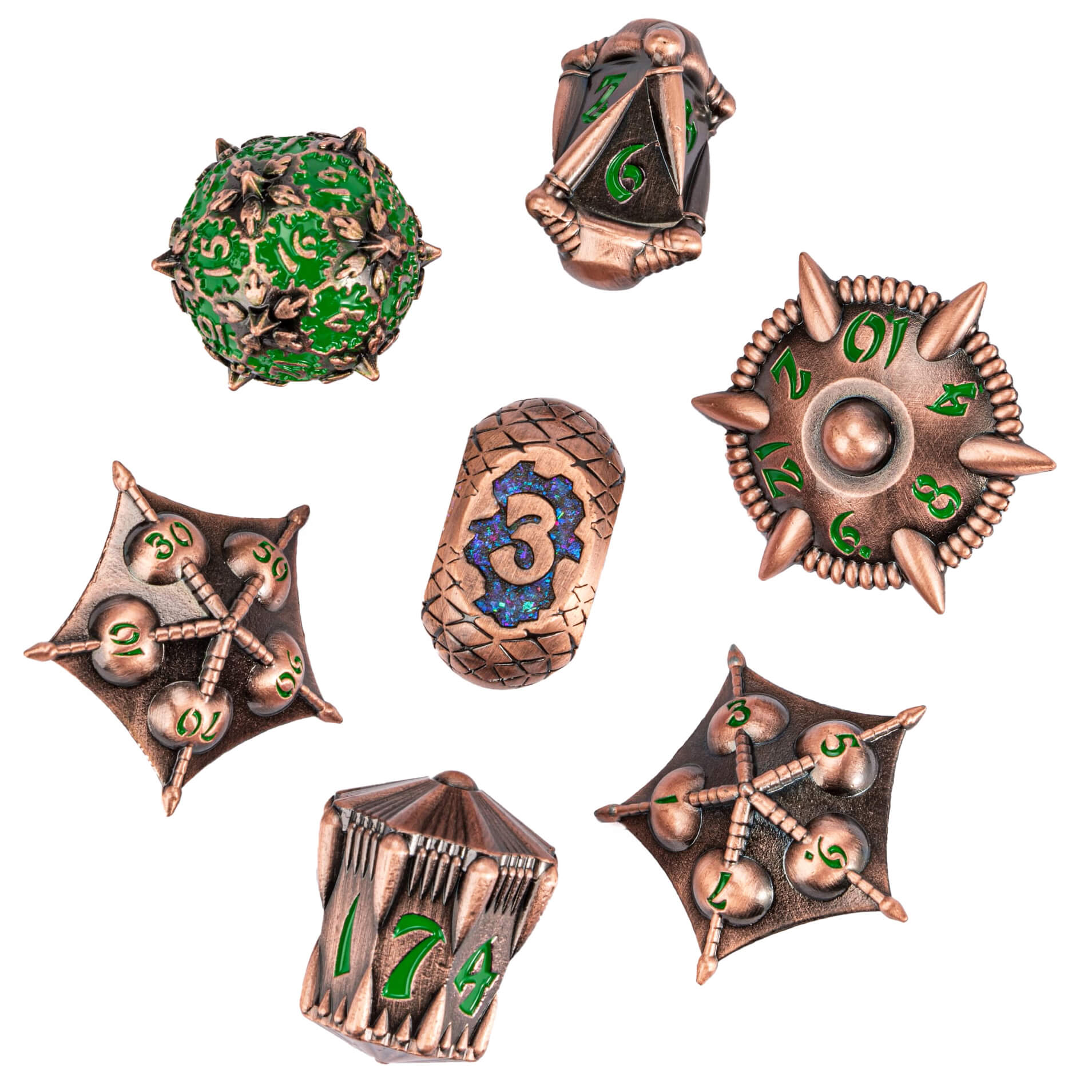 Dragon Set 7 Metal Polyhedral Sets Dice DnD Copper Green - Dice of Dragons