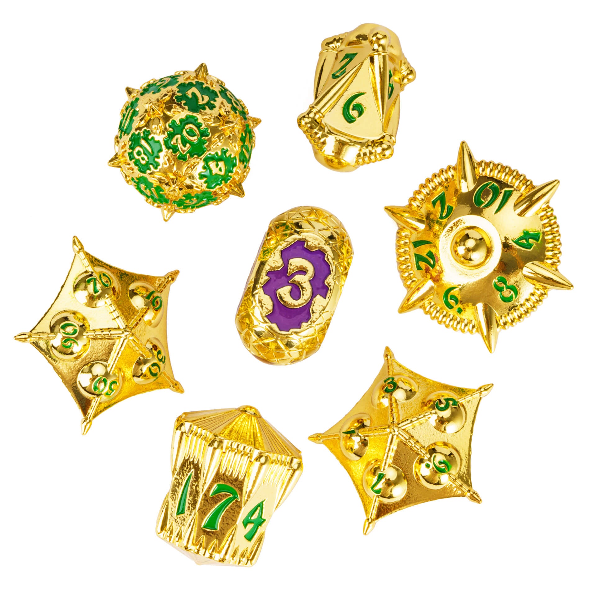 Dragon Set 7 Polyhedral Metal DD Dice Set Gold Green - Dice of Dragons