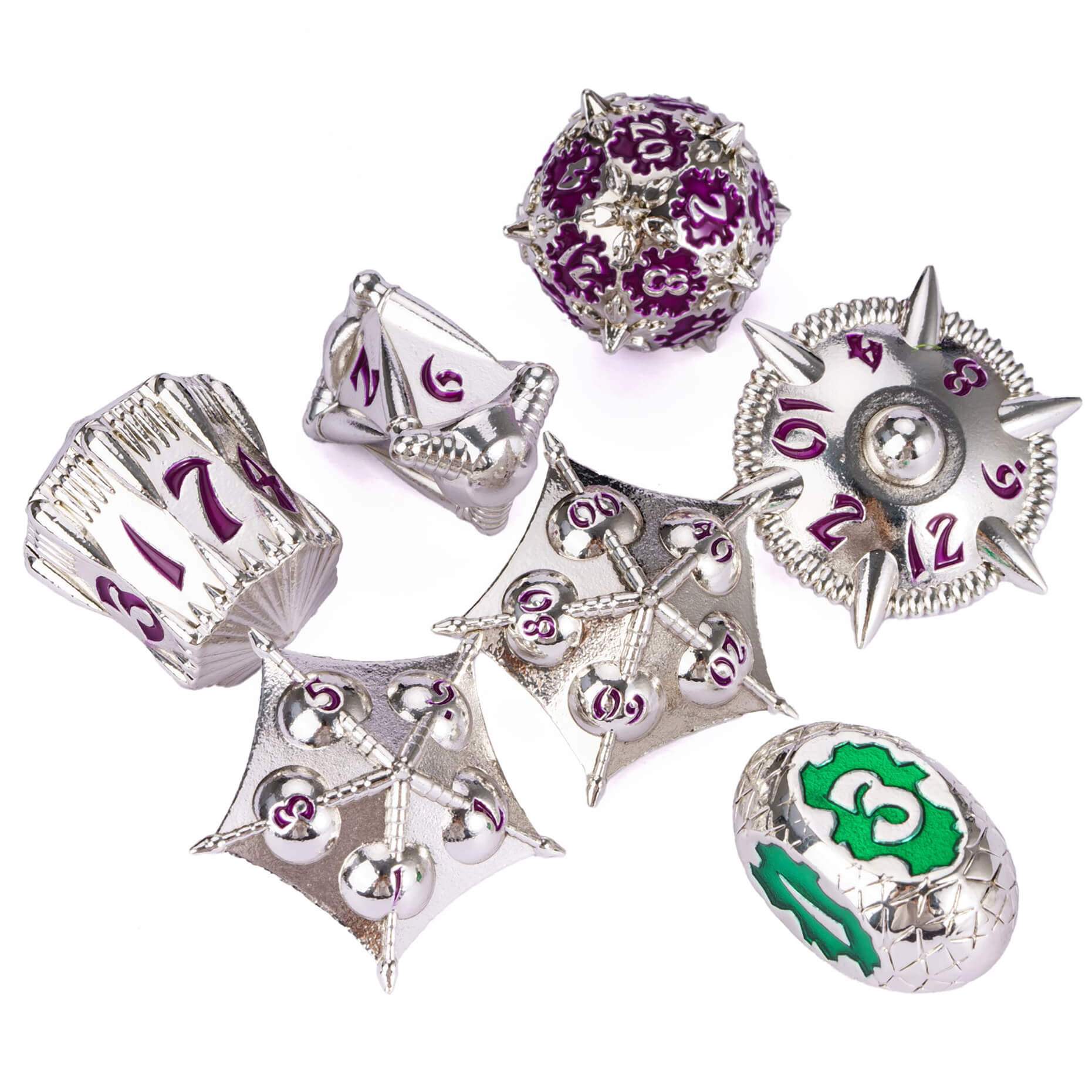 Dragon Set 7 Polyhedral Metal Dice Set D And D Silver Purple - Dice of Dragons