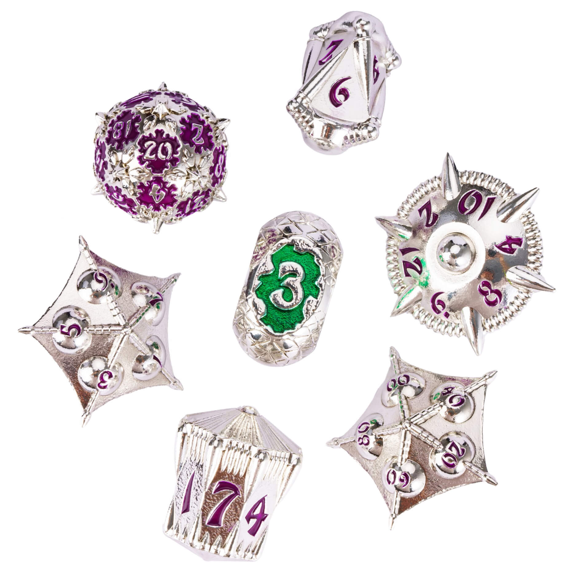 Dragon Set 7 Polyhedral Metal Dice Set D And D Silver Purple - Dice of Dragons