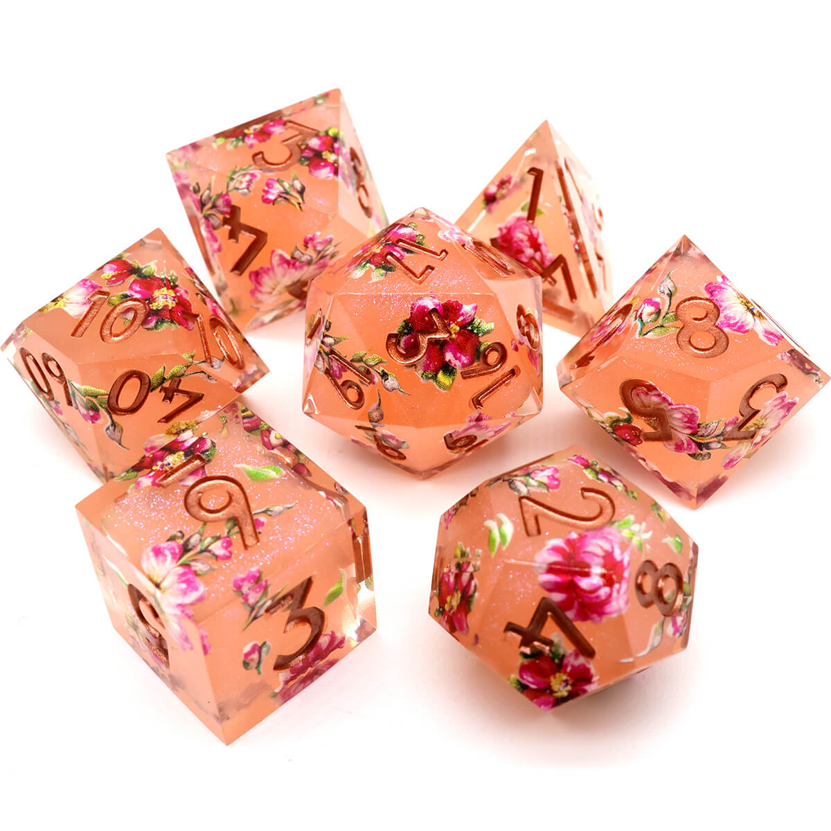 Orange Flower 7-Piece Sharp Edge Layered DND Dice Set - Dice of Dragons