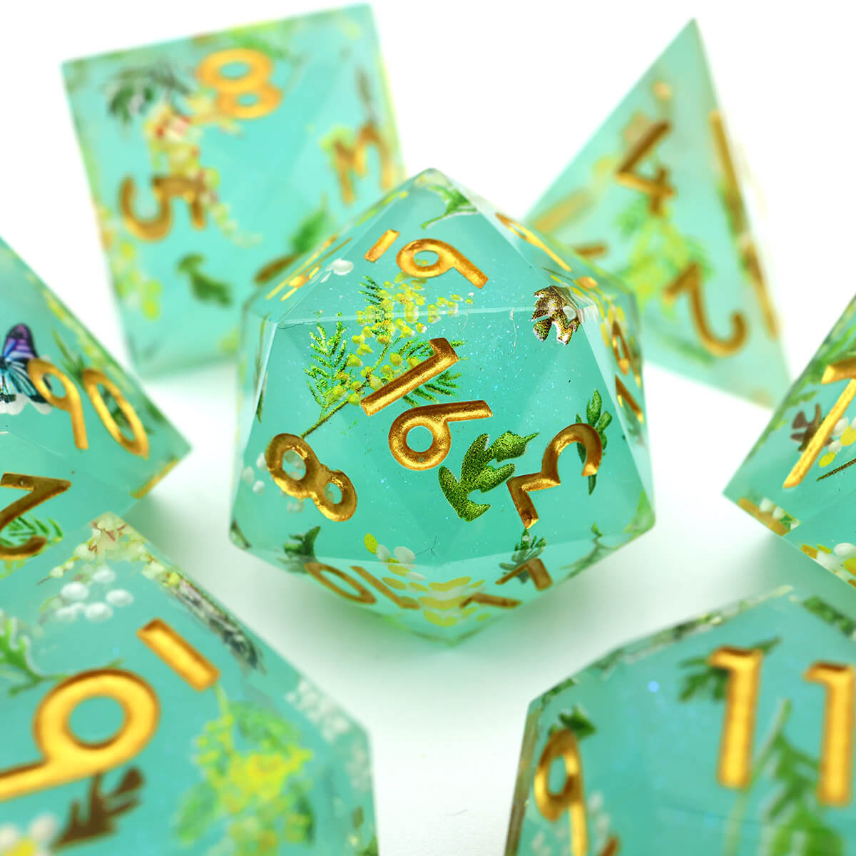 Green Flower 7-Piece Sharp Edge Layered DND Dice Set - Dice of Dragons