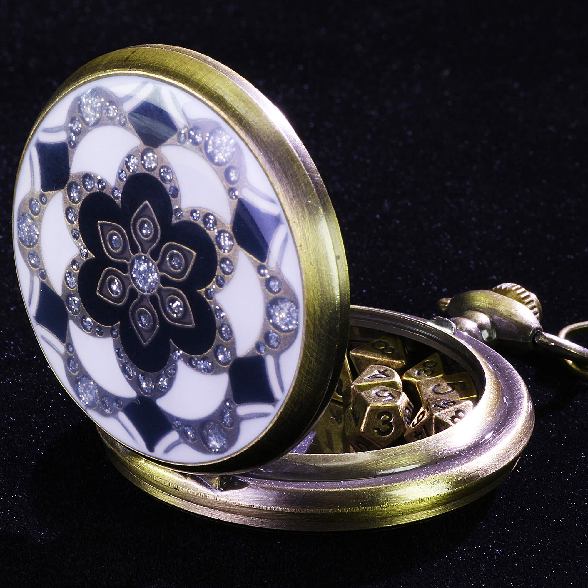 Flower Mini Polyhedral Metal Dice Sets DnD with Pocket Watch Shell Cas