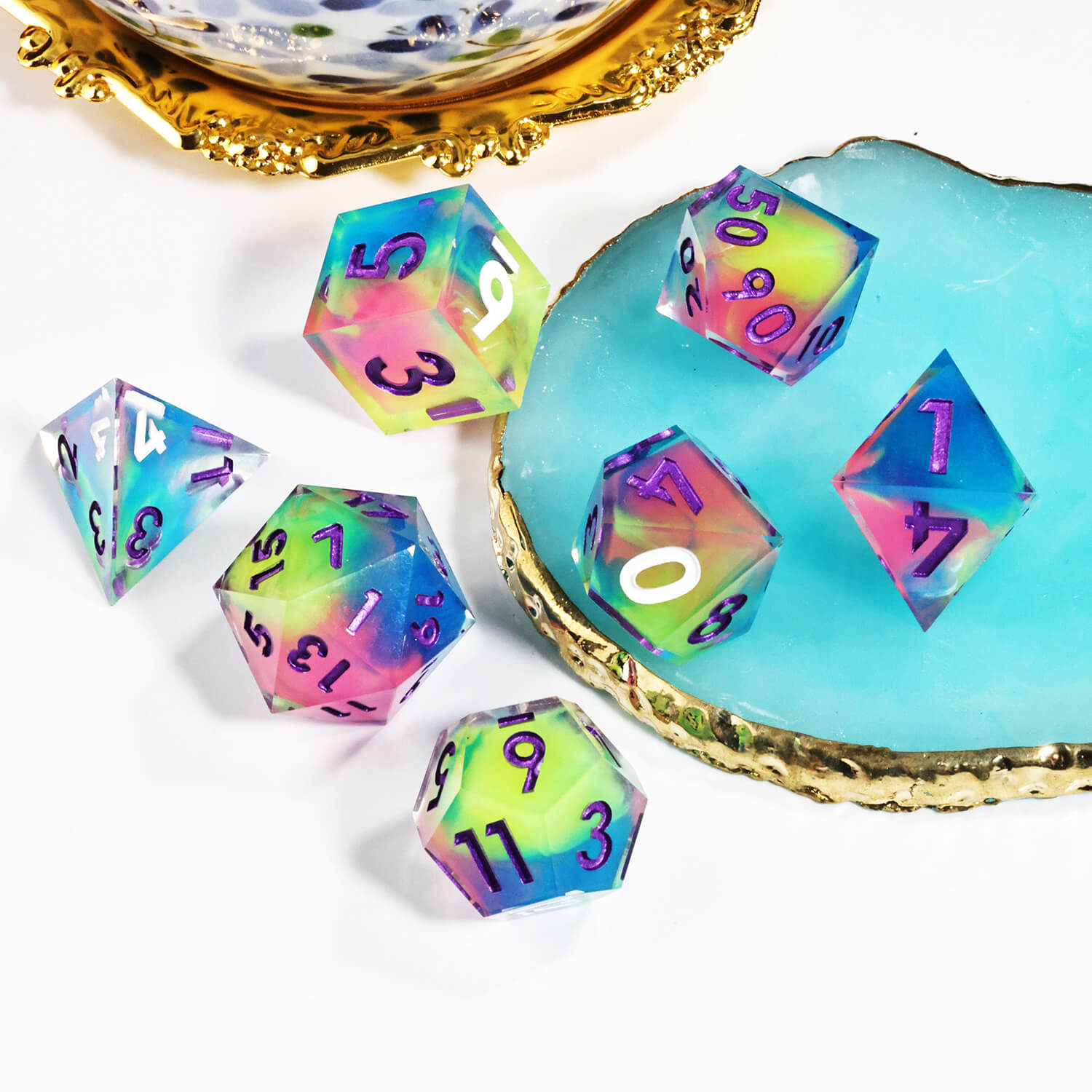 Fluorescent Layered Handmade Polyhedral Resin DnD Dice Set - Dice of Dragons