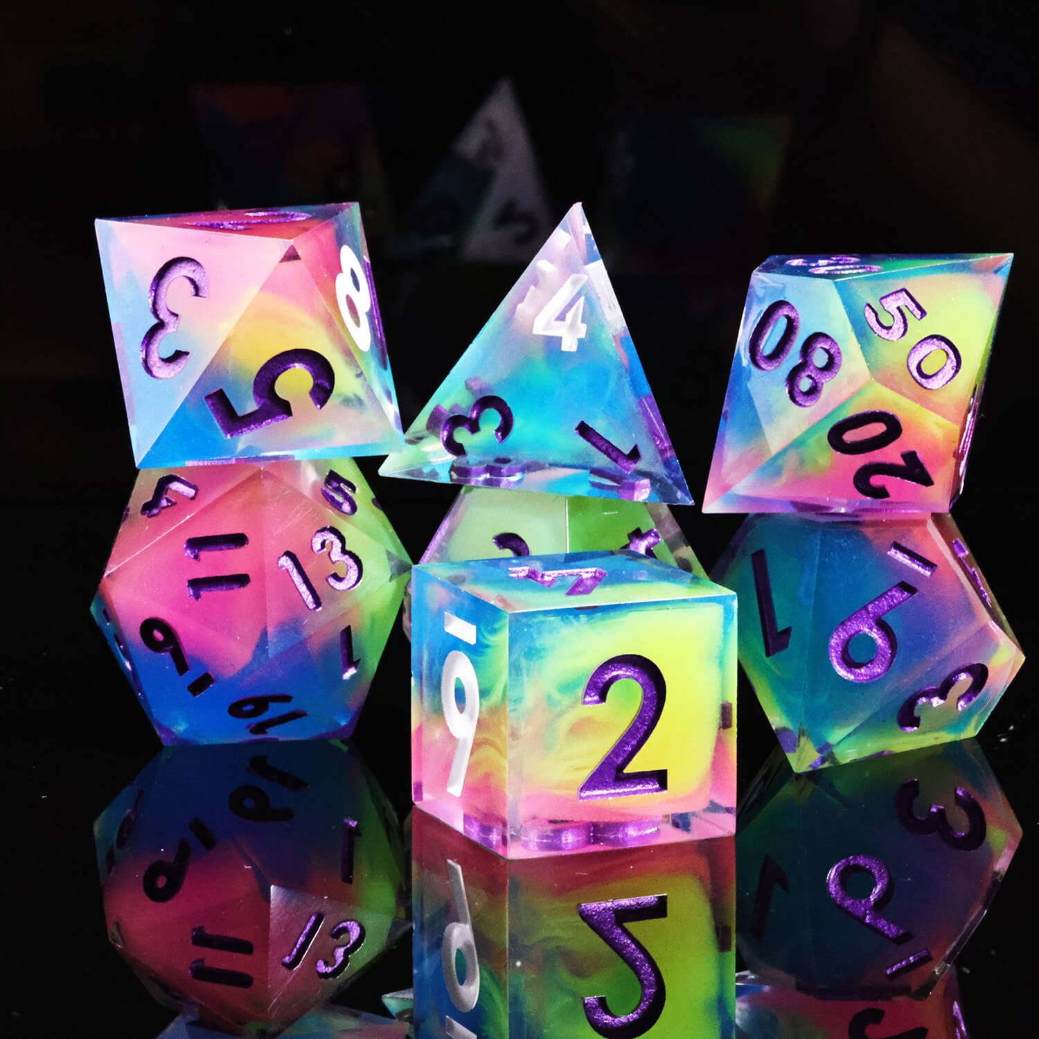 Fluorescent Layered Handmade Polyhedral Resin DnD Dice Set - Dice of Dragons