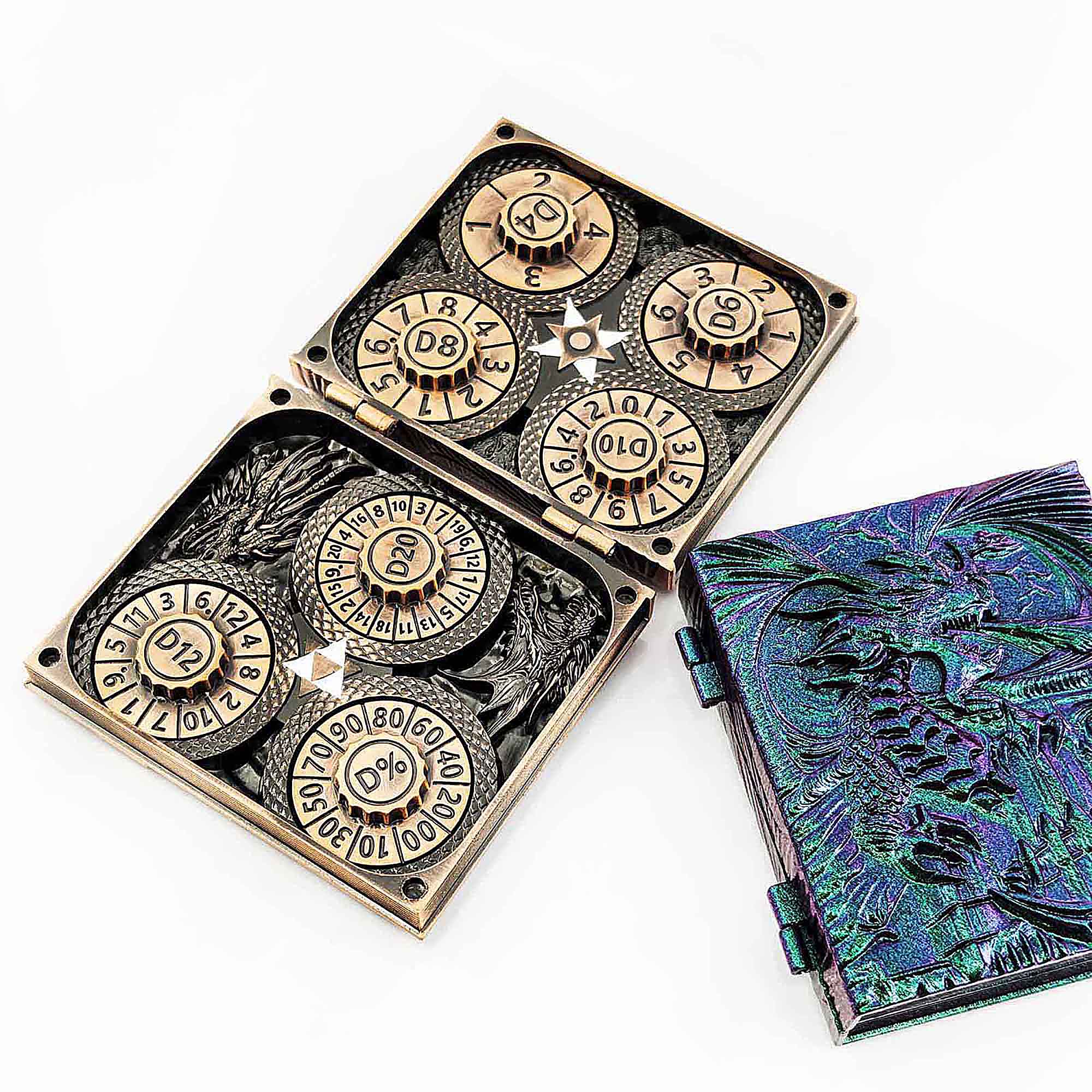 Flying Dragon 7 in 1 Rotating Roulette DND Metal Dice Magic Book Grimoire - Dice of Dragons