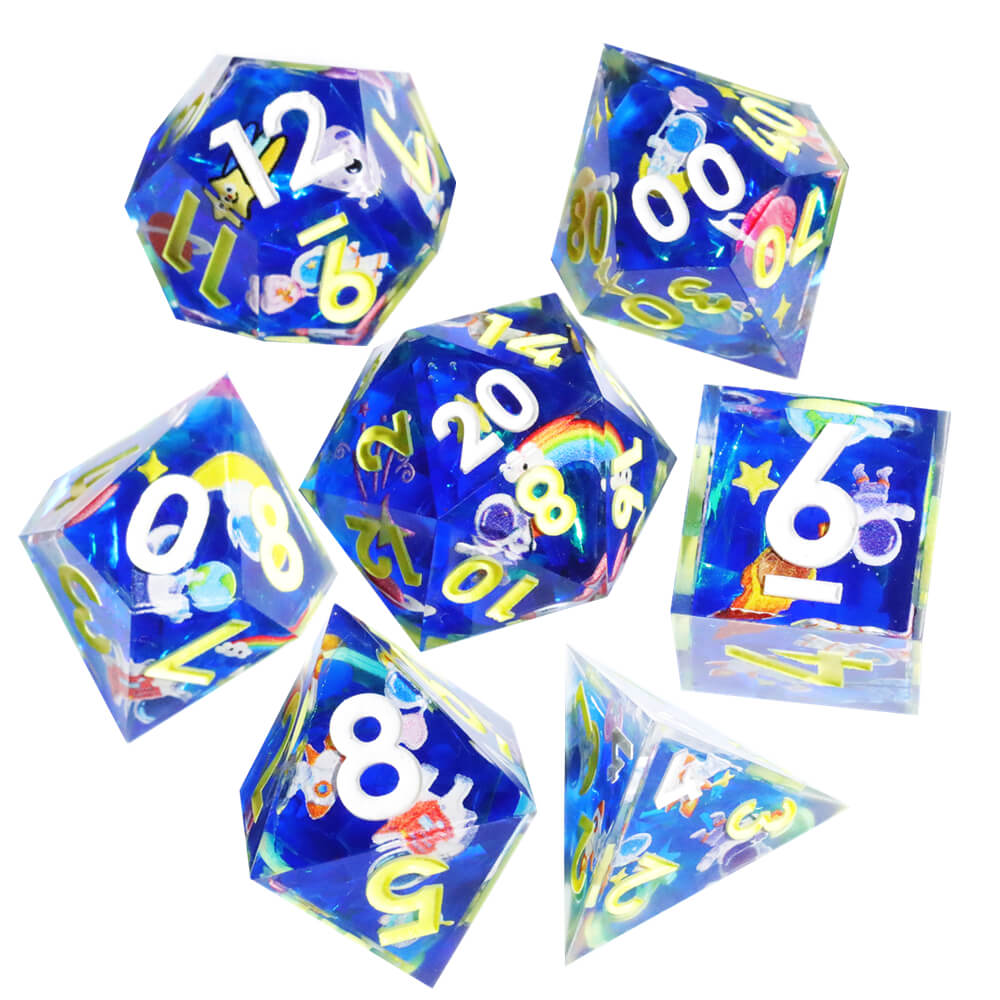 Flying Into Space Glow-in-the-Dark Sharp Edge Resin Polyhedral 7-Piece D&D Dice Set - Dice of Dragons