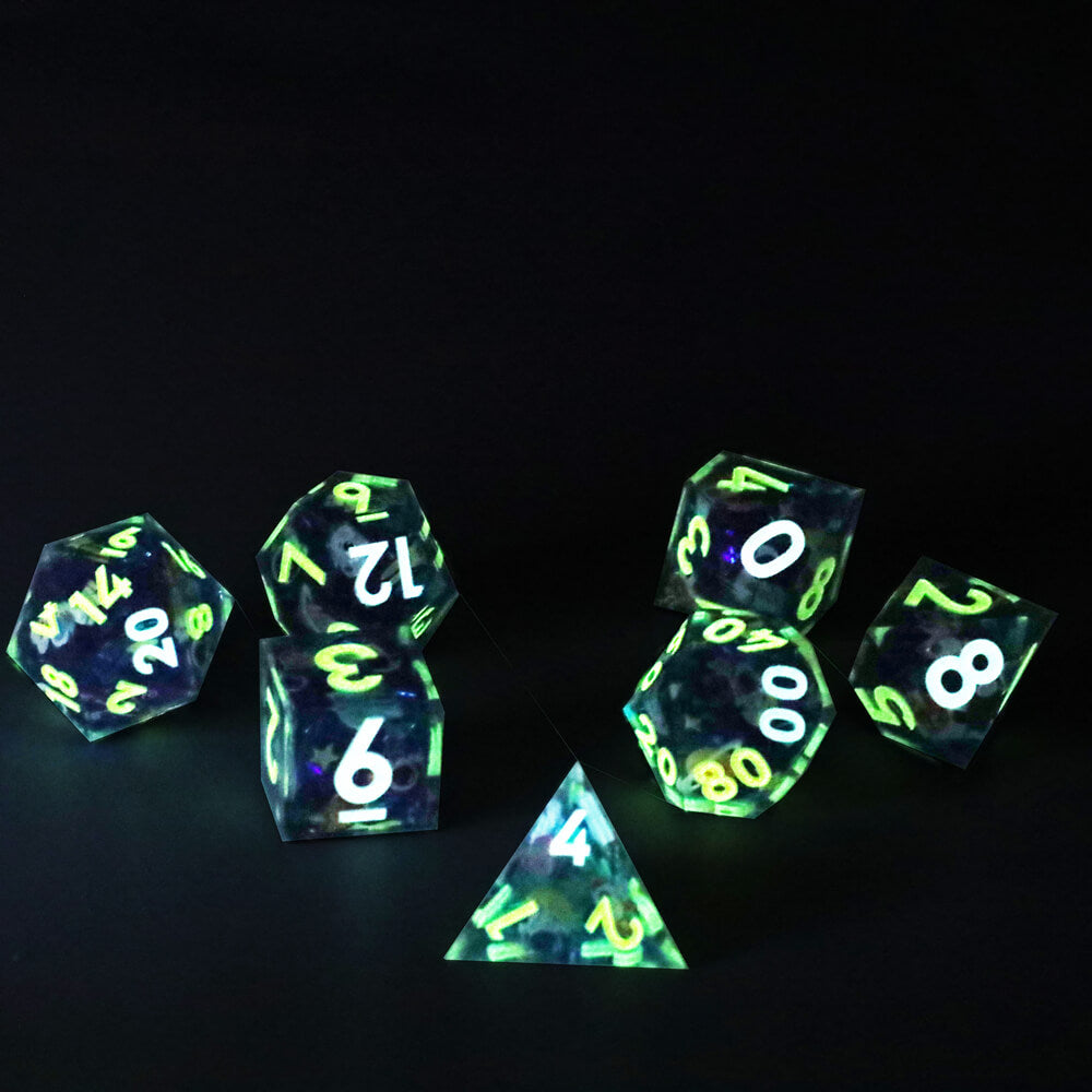 Flying Into Space Glow-in-the-Dark Sharp Edge Resin Polyhedral 7-Piece D&D Dice Set - Dice of Dragons