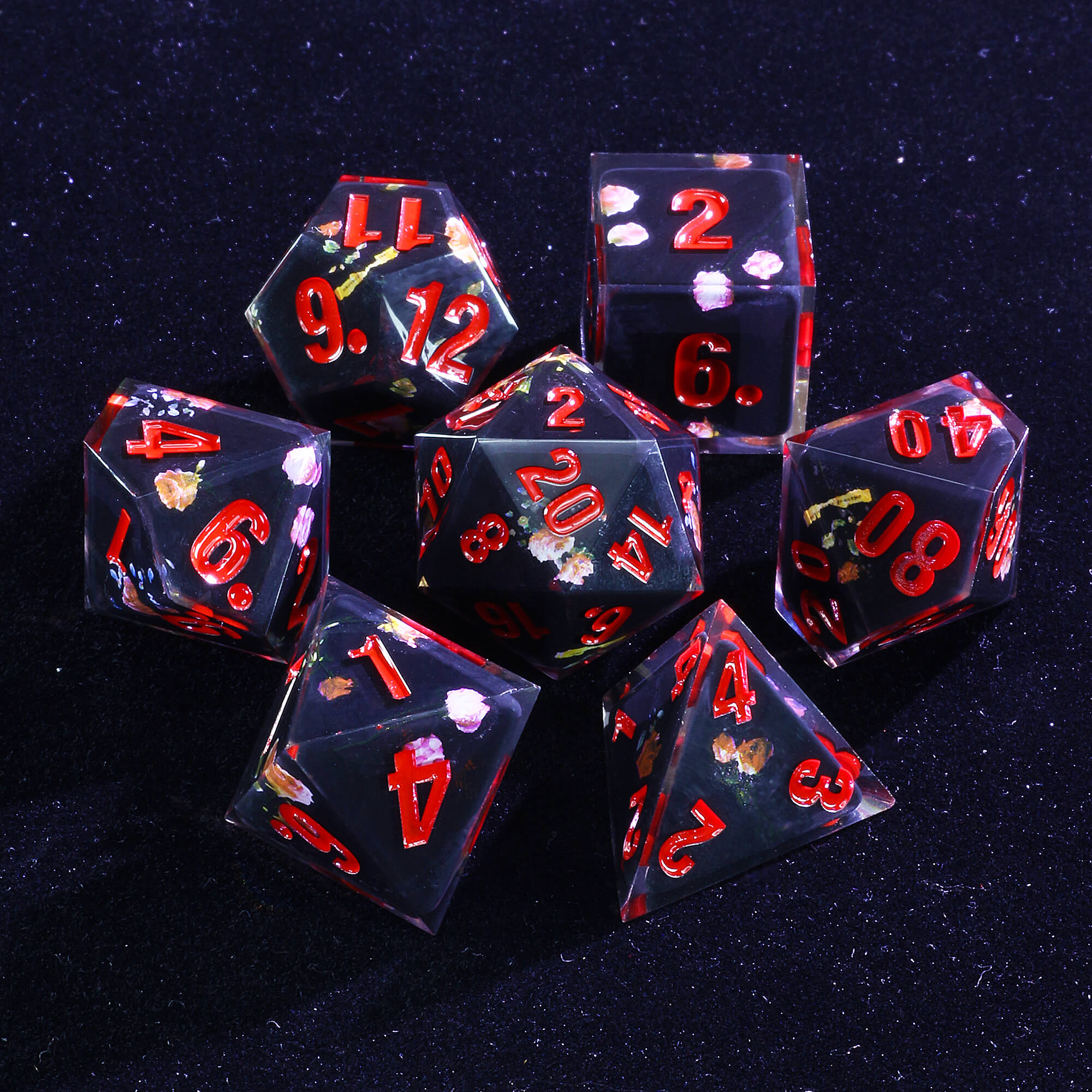 Gaming 7 Polyhedral Resin Dice Sets D&D Flower Black - Dice of Dragons