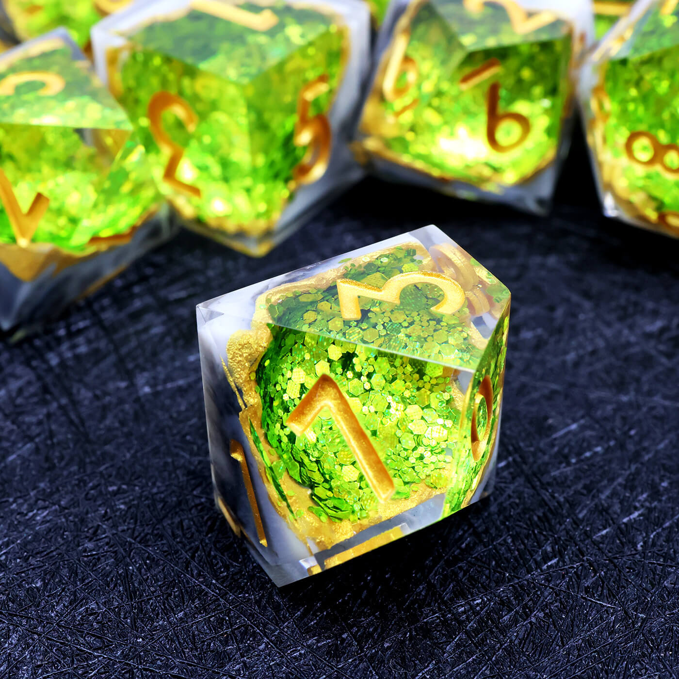 Gaming Resin 7 Mirrorlike Polyhedral D and D Dice Set - Green Geode - Dice of Dragons