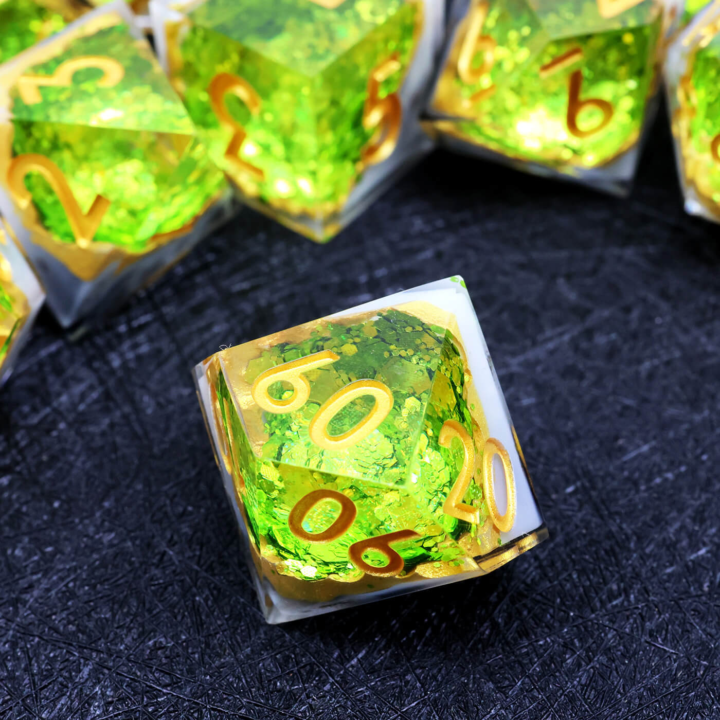 Gaming Resin 7 Mirrorlike Polyhedral D and D Dice Set - Green Geode - Dice of Dragons