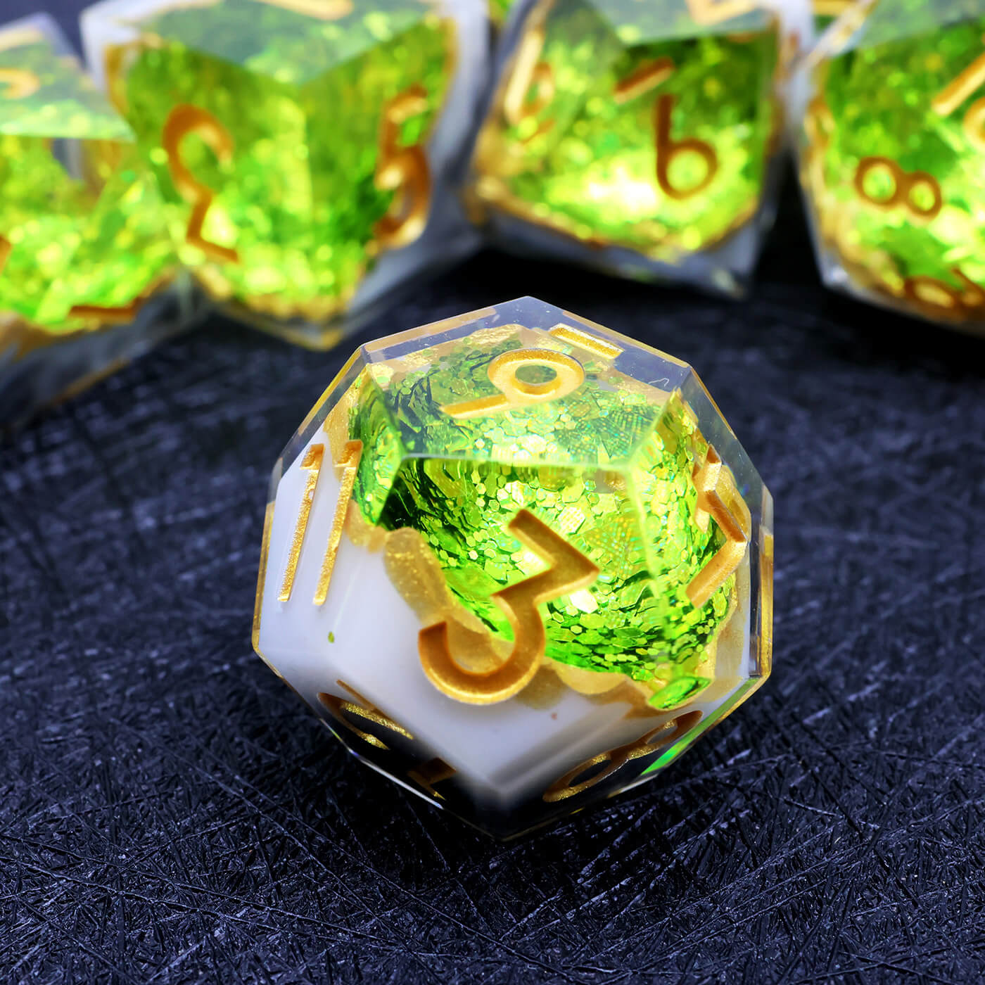 Gaming Resin 7 Mirrorlike Polyhedral D and D Dice Set - Green Geode - Dice of Dragons