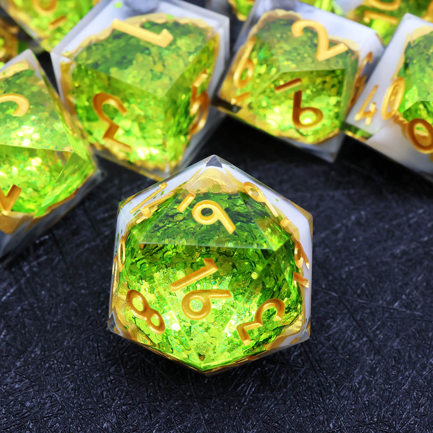 Gaming Resin 7 Mirrorlike Polyhedral D and D Dice Set - Green Geode - Dice of Dragons