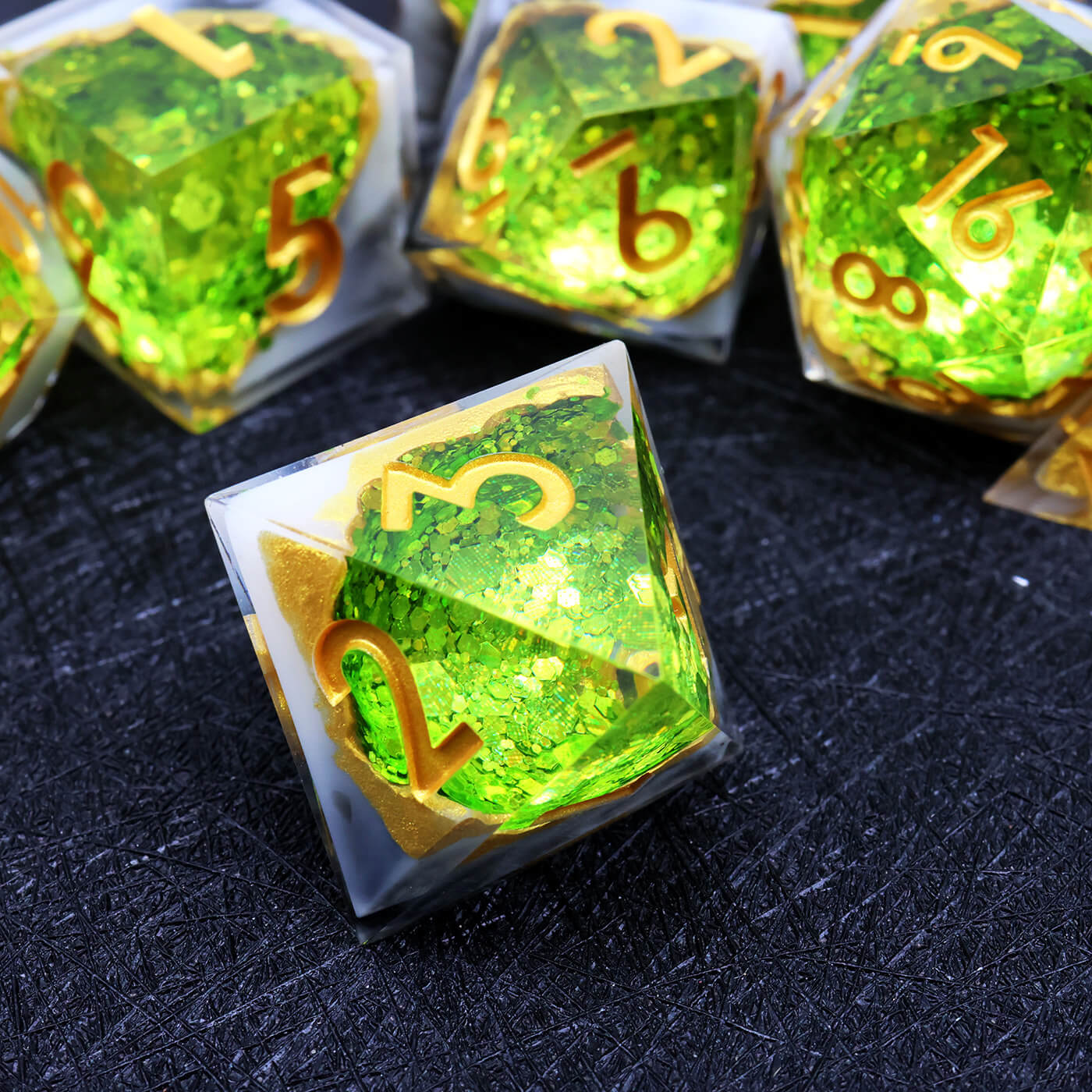 Gaming Resin 7 Mirrorlike Polyhedral D and D Dice Set - Green Geode - Dice of Dragons