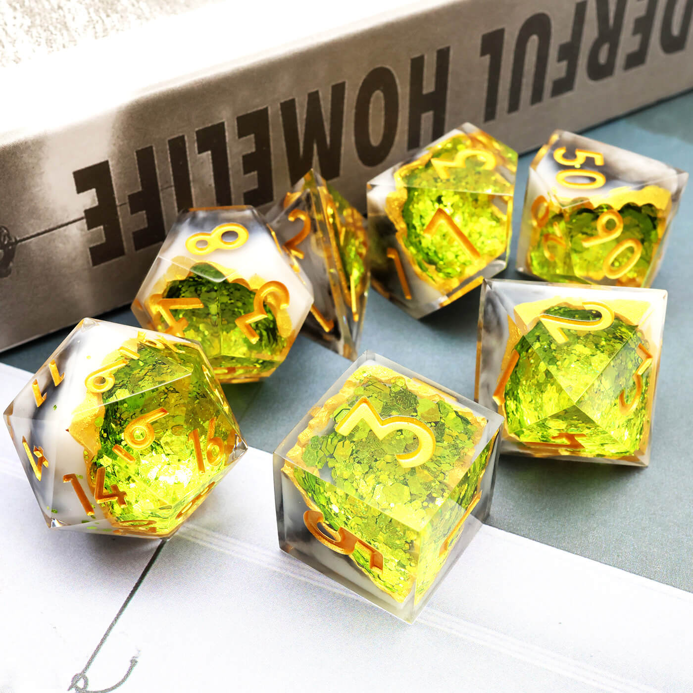 Gaming Resin 7 Mirrorlike Polyhedral D and D Dice Set - Green Geode - Dice of Dragons