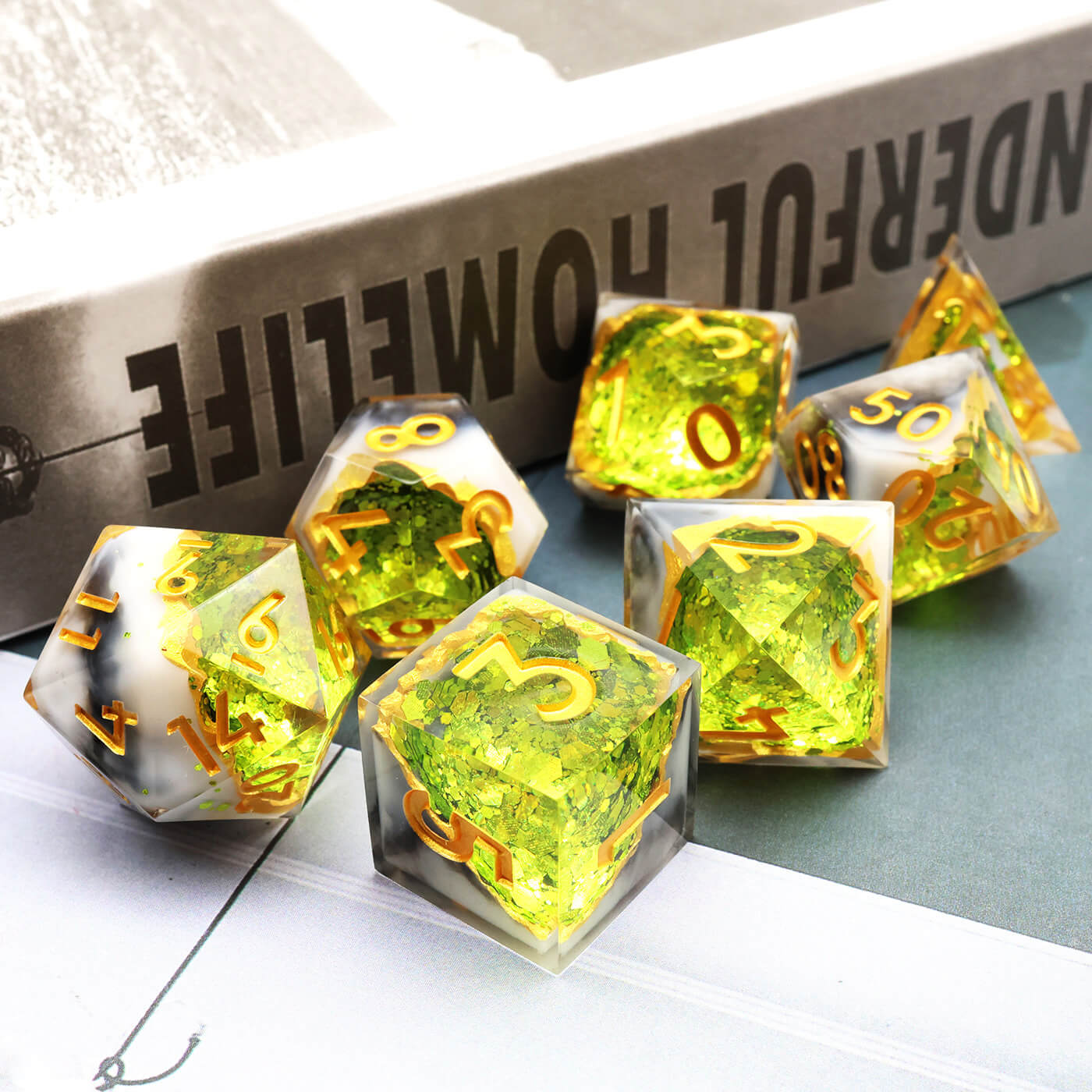 Gaming Resin 7 Mirrorlike Polyhedral D and D Dice Set - Green Geode - Dice of Dragons