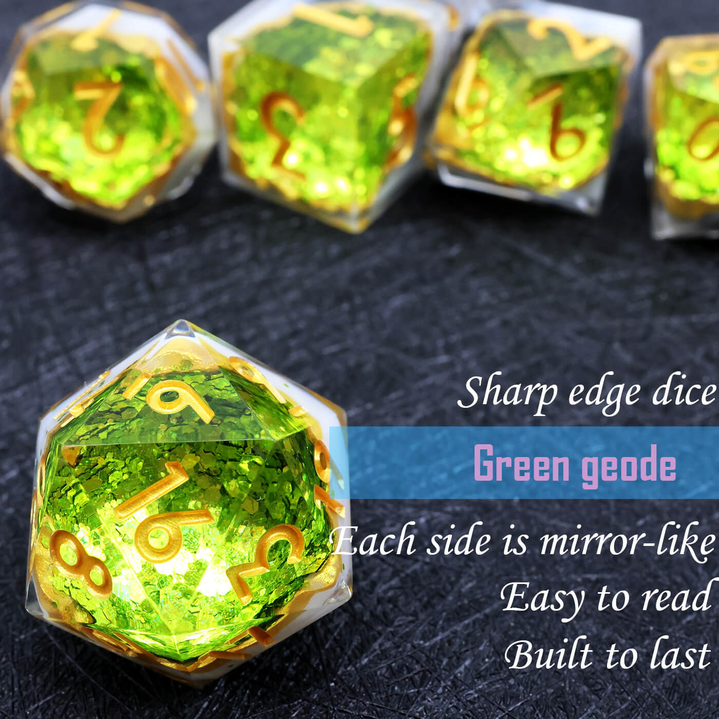 Gaming Resin 7 Mirrorlike Polyhedral D and D Dice Set - Green Geode - Dice of Dragons