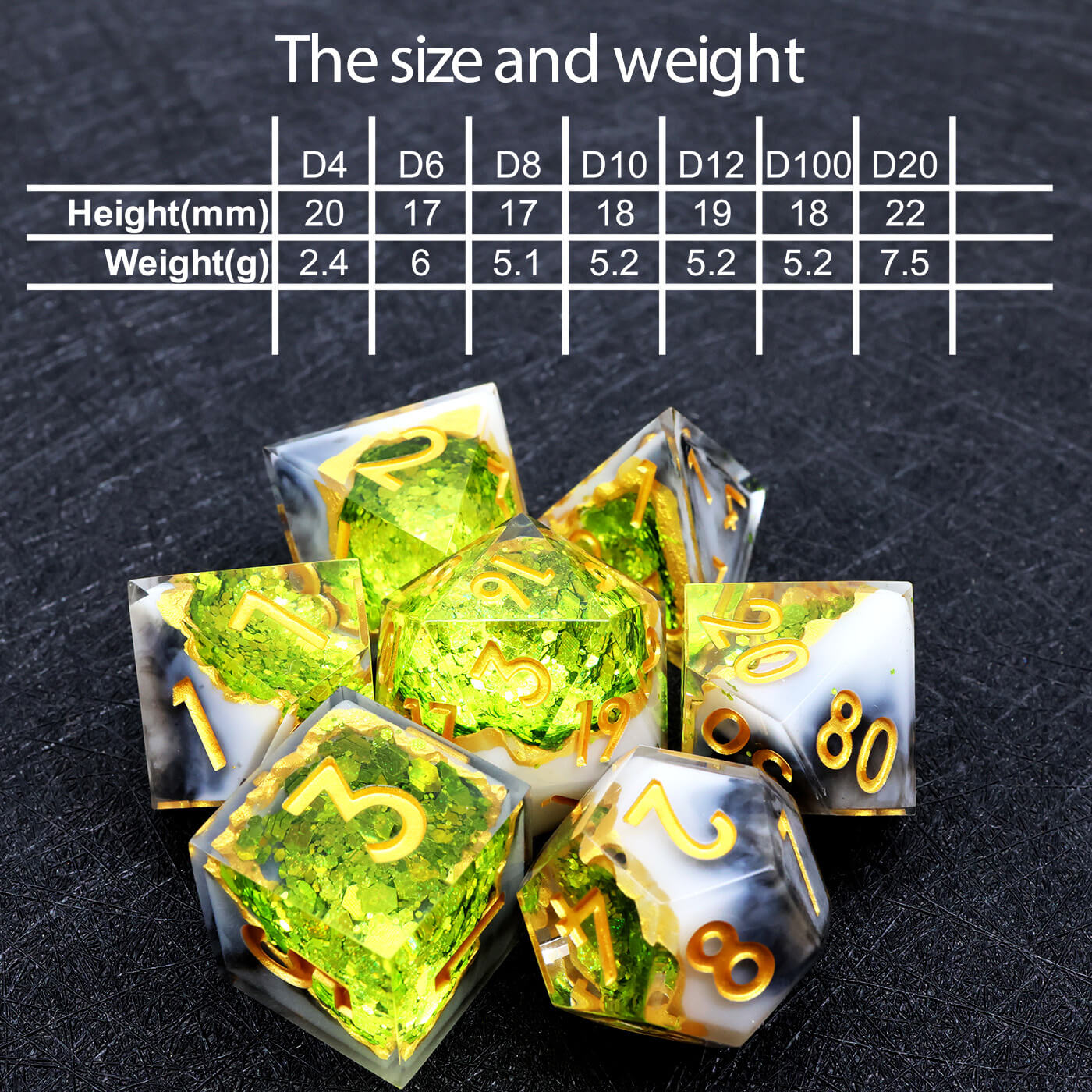 Gaming Resin 7 Mirrorlike Polyhedral D and D Dice Set - Green Geode - Dice of Dragons