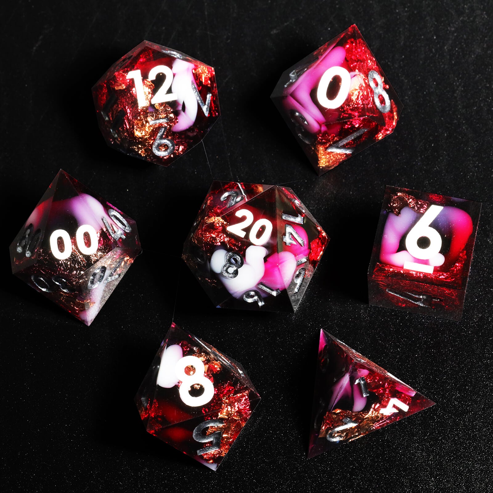 Gaming Resin 7 Sharp Edge Polyhedral D and D Set Dice - Bloody Rose - Dice of Dragons