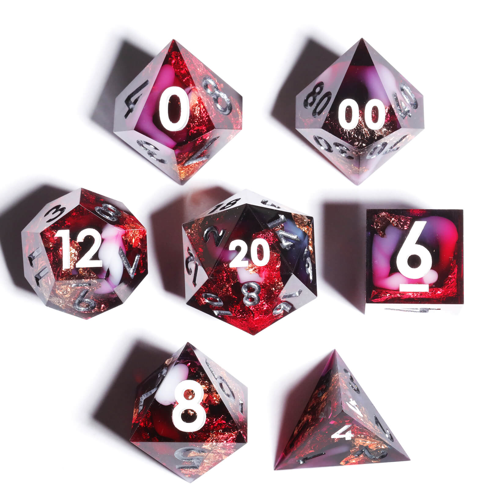 Gaming Resin 7 Sharp Edge Polyhedral D and D Set Dice - Bloody Rose - Dice of Dragons