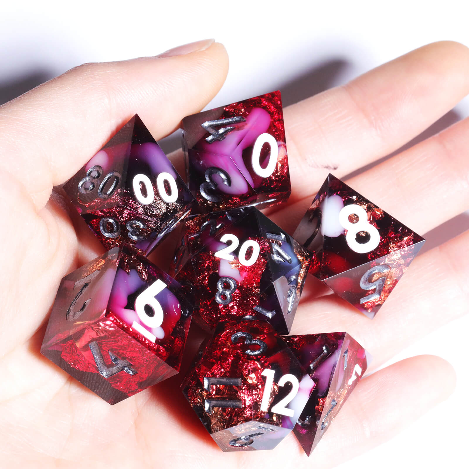 Gaming Resin 7 Sharp Edge Polyhedral D and D Set Dice - Bloody Rose - Dice of Dragons