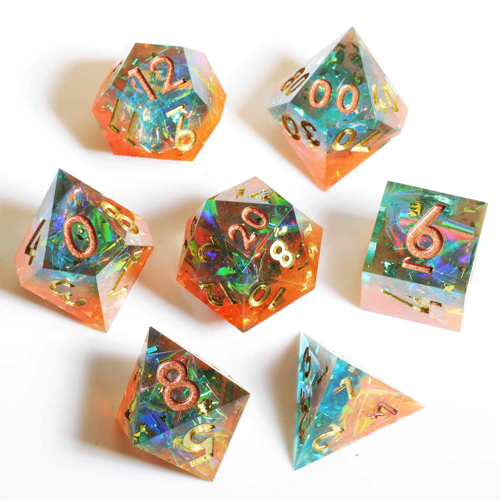 Gaming Resin 7 Sharp Edge Polyhedral D and D Set Dice - Freedom and Piety - Dice of Dragons