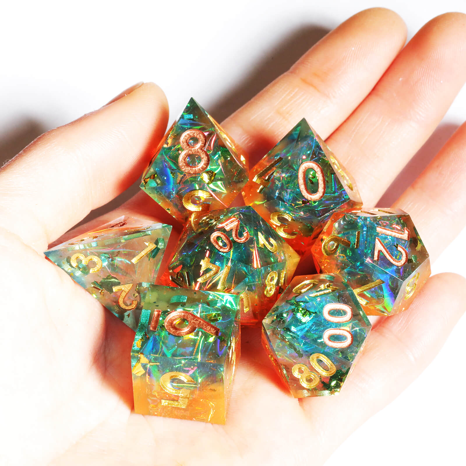 Gaming Resin 7 Sharp Edge Polyhedral D and D Set Dice - Freedom and Piety - Dice of Dragons