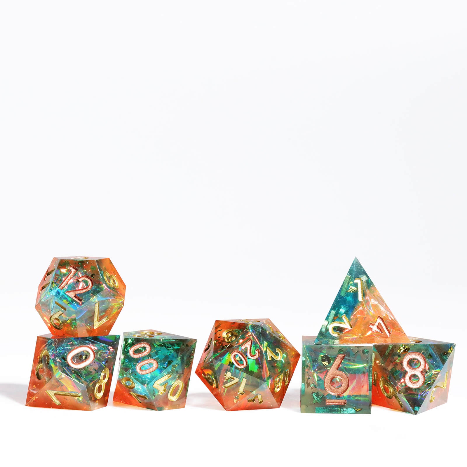 Gaming Resin 7 Sharp Edge Polyhedral D and D Set Dice - Freedom and Piety - Dice of Dragons